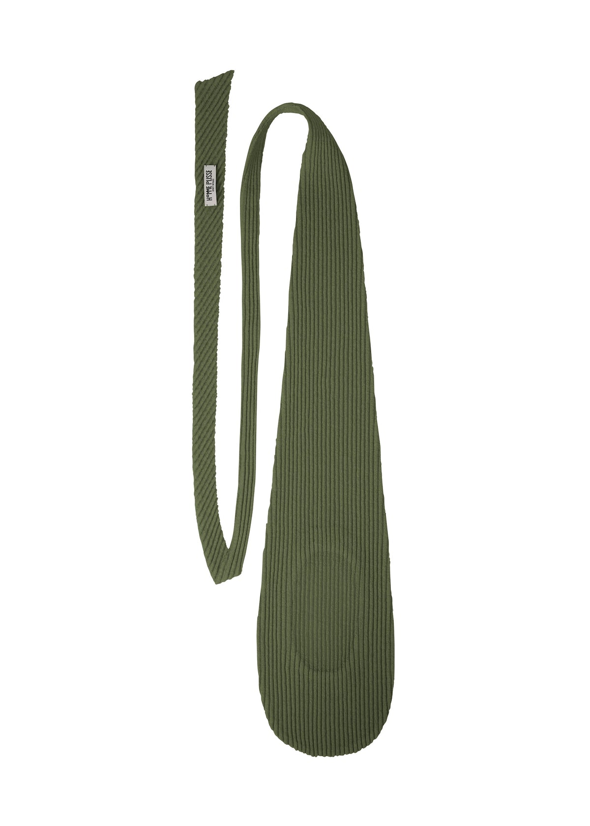 The PLEATED SEERSUCKER TIE by HOMME PLISSÉ ISSEY MIYAKE is a long, green, ribbed fabric accessory with a wide padded end and a sewn tag, featuring an organic, playful design displayed on a white background. view 4 of 7