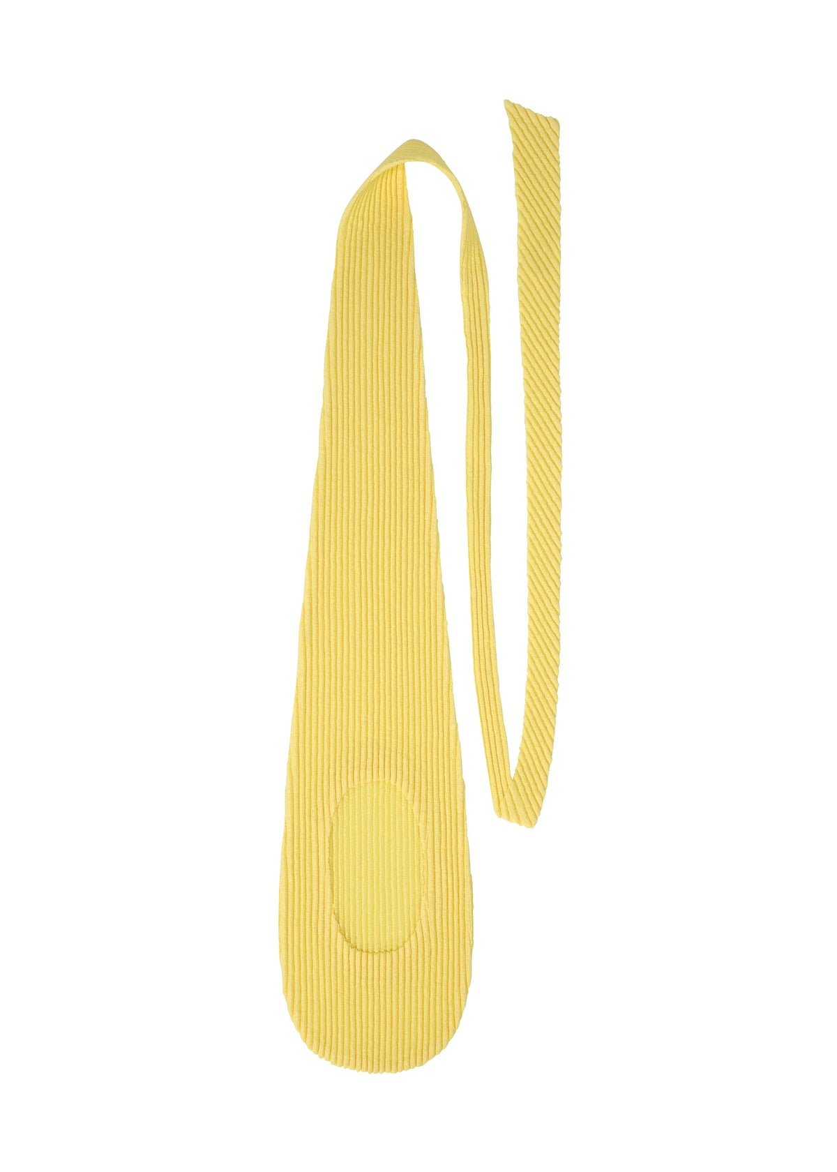 The PLEATED SEERSUCKER TIE by HOMME PLISSÉ ISSEY MIYAKE is a yellow, textured fabric shoulder strap featuring a padded oval section, an adjustable necktie-like tie, and vertical ribbed pleats. view 5 of 7