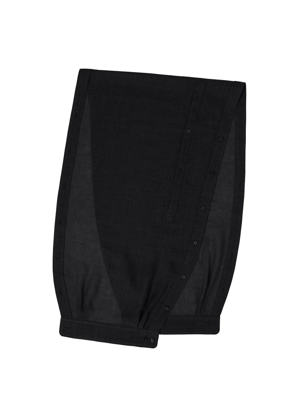 The SLEEVED STOLE by HOMME PLISSÉ ISSEY MIYAKE is a black garment panel with side buttons, made from breathable stole fabric and shown on a white background. view 2 of 6