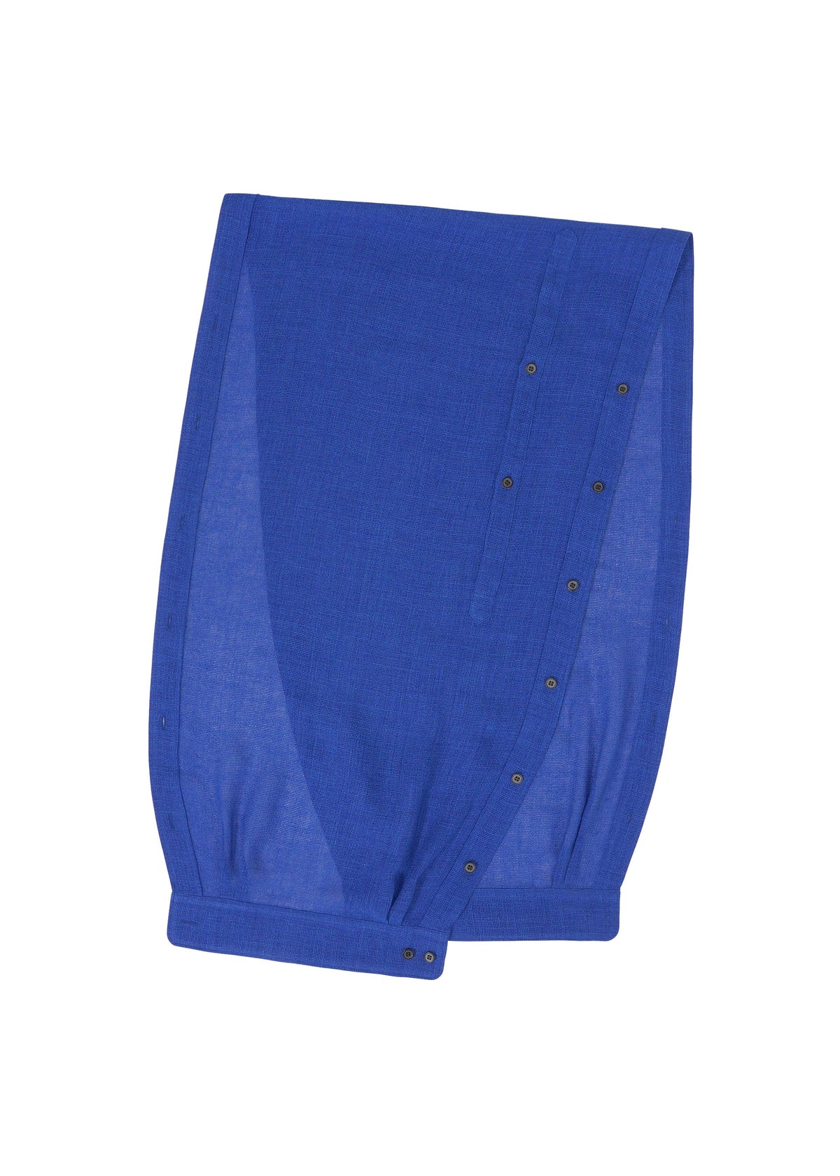 The SLEEVED STOLE by HOMME PLISSÉ ISSEY MIYAKE, a blue breathable piece with natural texture and snap buttons on one edge, is laid flat on a white background. view 3 of 6