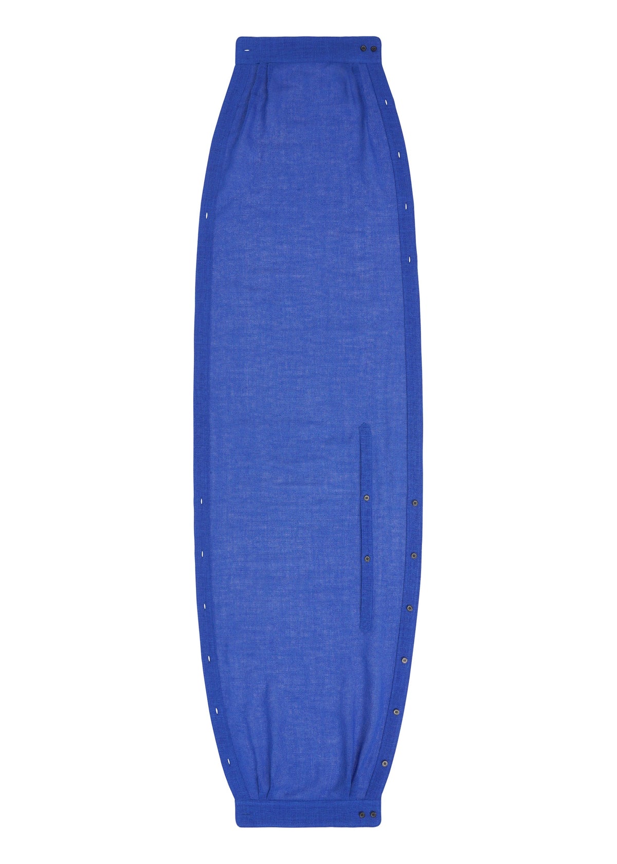 The SLEEVED STOLE by HOMME PLISSÉ ISSEY MIYAKE features a blue, oval Panama weave design, snap buttons along the sides, and a pocket near the center, displayed flat on a white background. view 4 of 6