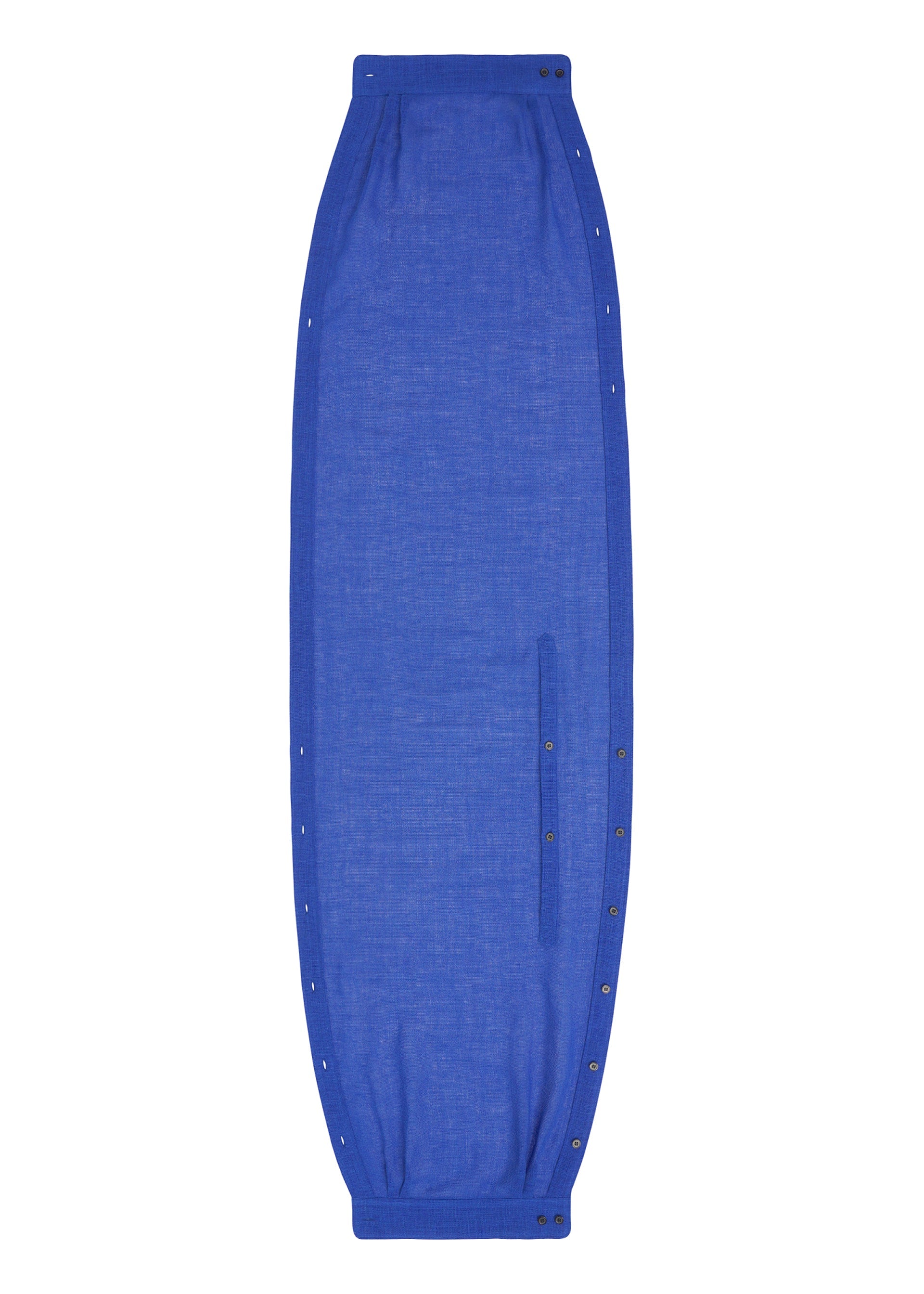 Zoomed view The SLEEVED STOLE by HOMME PLISSÉ ISSEY MIYAKE features a blue, oval Panama weave design, snap buttons along the sides, and a pocket near the center, displayed flat on a white background.