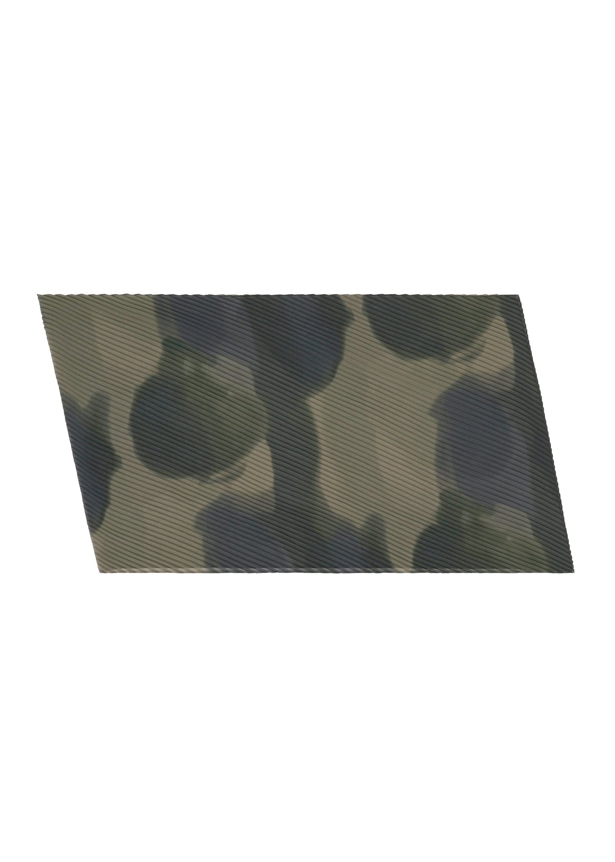 The DAWN STOLE by HOMME PLISSÉ ISSEY MIYAKE features a tube-shaped fabric in a parallelogram silhouette, adorned with green, brown, and black camouflage on a white background. view 1 of 5