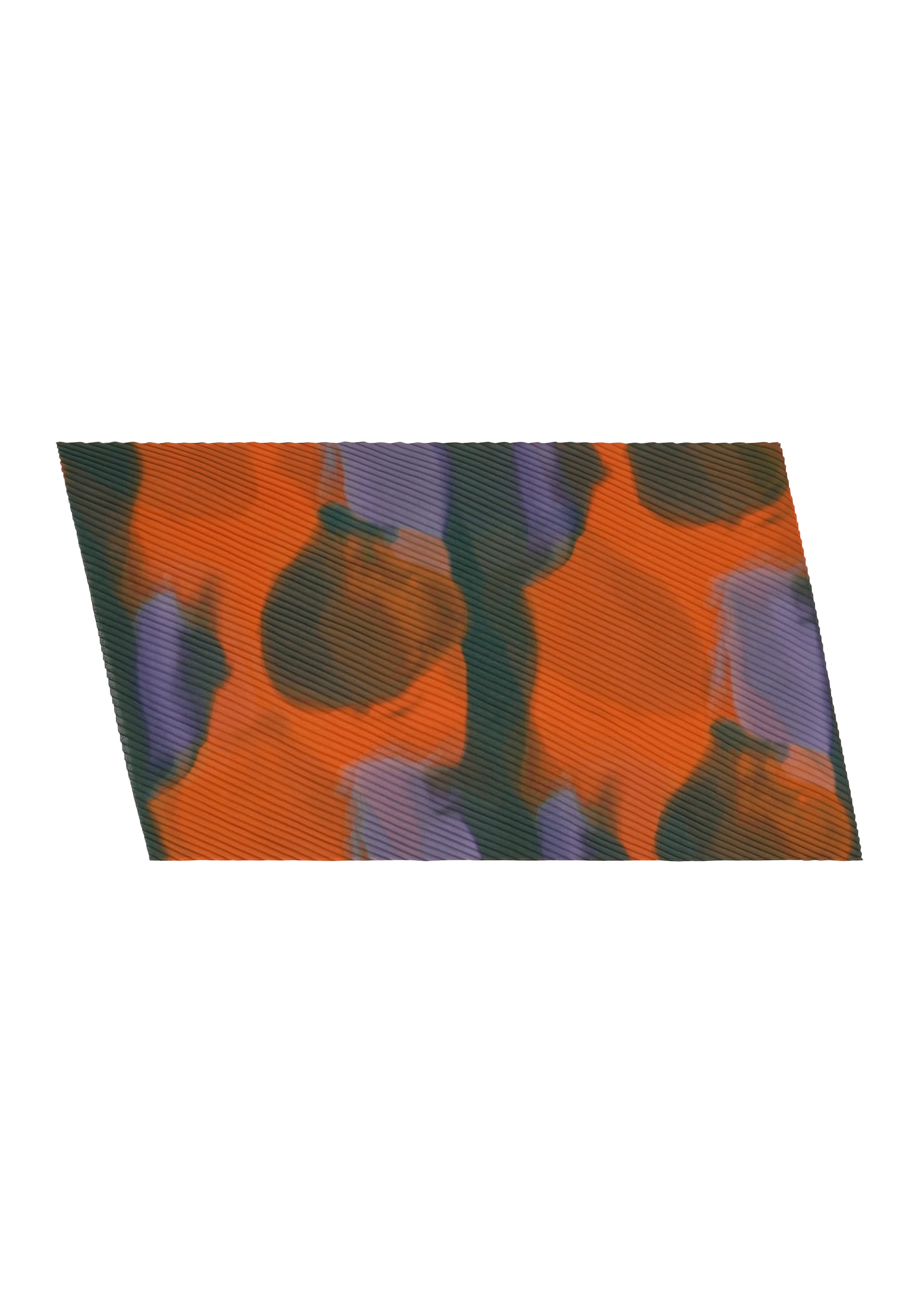 Zoomed view The DAWN STOLE by HOMME PLISSÉ ISSEY MIYAKE features a skewed rectangle with textured orange, dark green, and purple splotches on white, reminiscent of an A-POC dress and made from comfortable year-round tube-shaped fabric. - ORANGE （no.32）