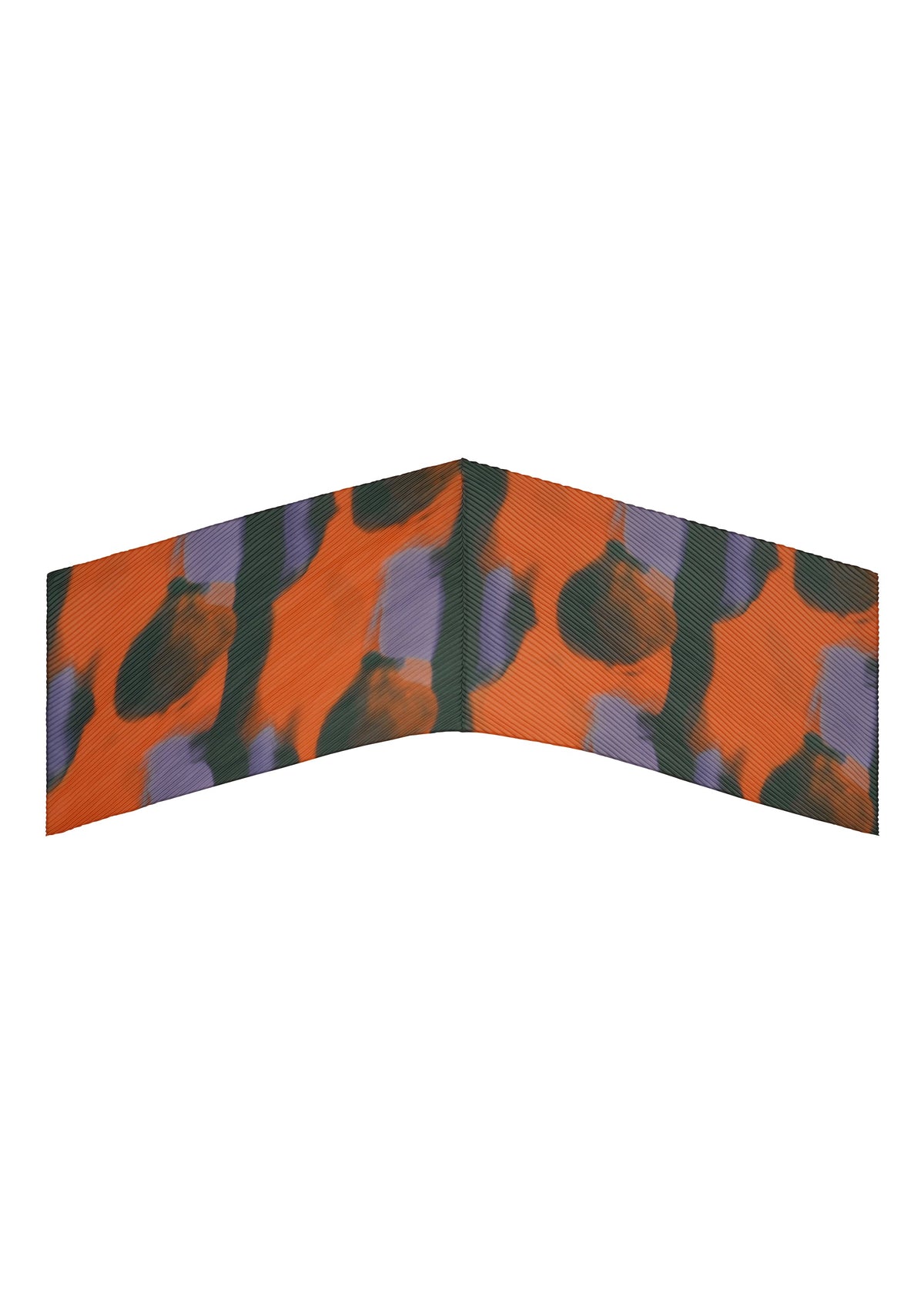 The DAWN STOLE by HOMME PLISSÉ ISSEY MIYAKE features an abstract chevron design in orange, dark green, and purple on white—ideal for crafting a uniquely stylish and comfortable year-round accessory. view 5 of 5