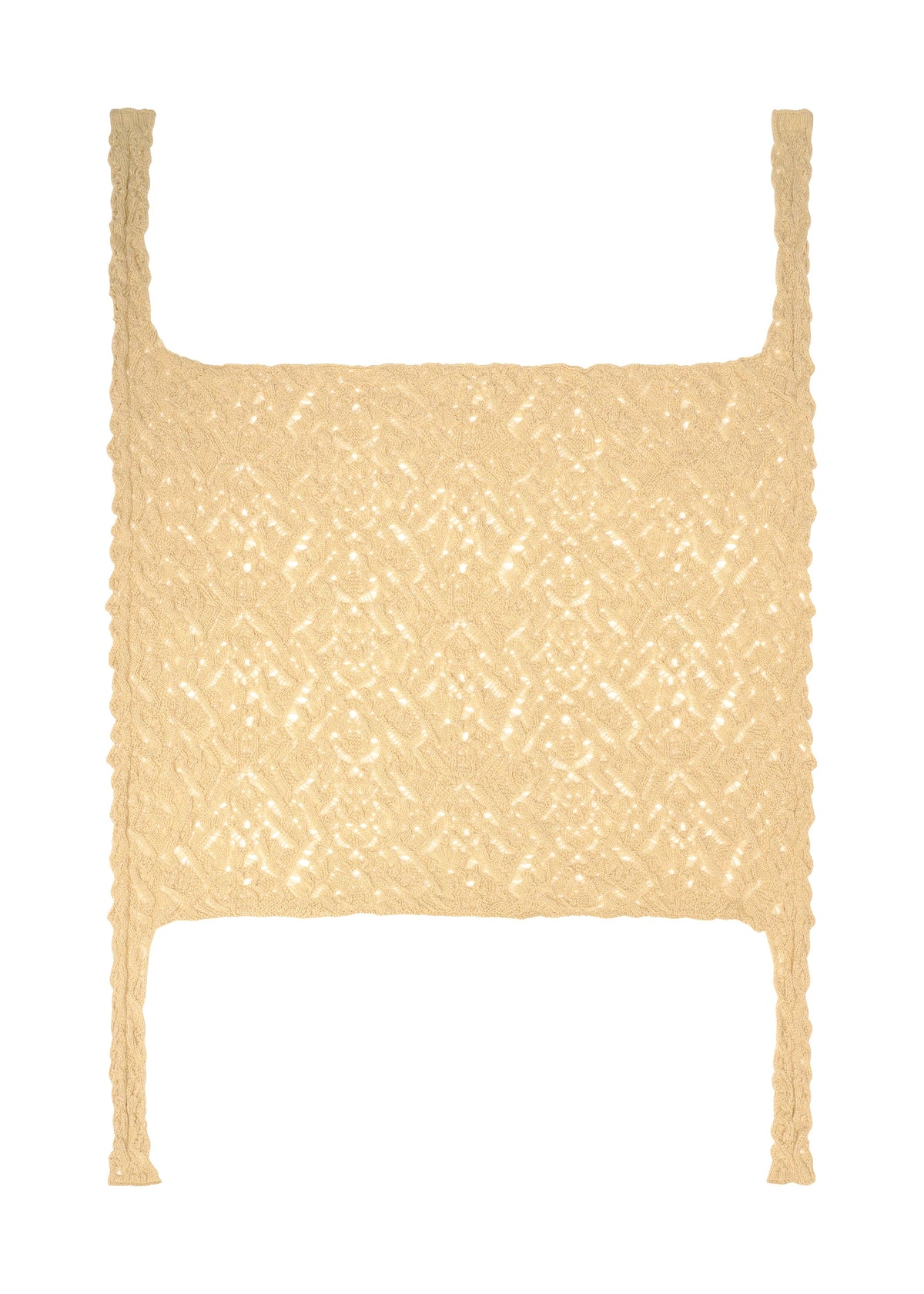 A flat-lay image of the BRANCHES & LEAVES knitted scarf by HOMME PLISSÉ ISSEY MIYAKE in beige, featuring an intricate weave and braided straps on each corner, displayed against a white background. view 4 of 7
