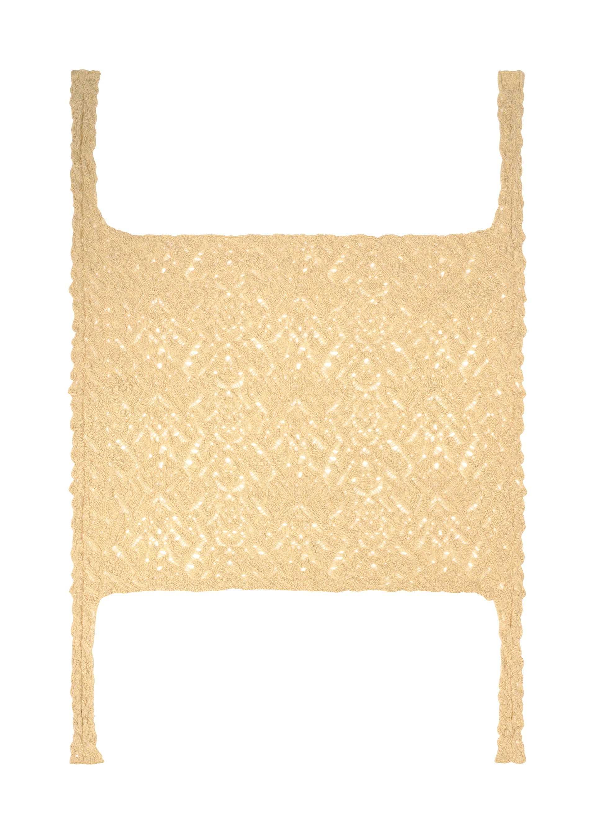 Zoomed view A flat-lay image of the BRANCHES & LEAVES knitted scarf by HOMME PLISSÉ ISSEY MIYAKE in beige, featuring an intricate weave and braided straps on each corner, displayed against a white background.