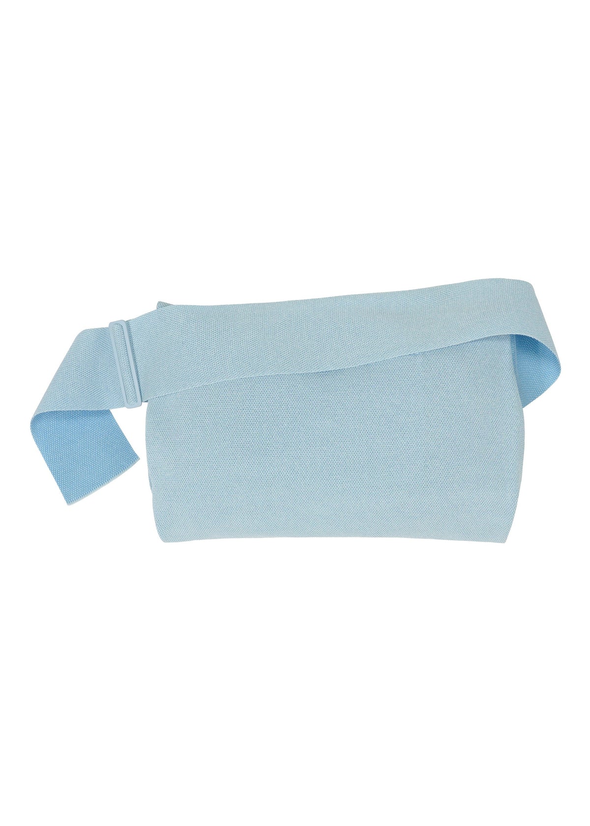 The WASHI FLAP BAG by HOMME PLISSÉ ISSEY MIYAKE is a light blue, rectangular knit bag with a wide matching strap, resembling a fanny pack, shown against a white background. view 2 of 6