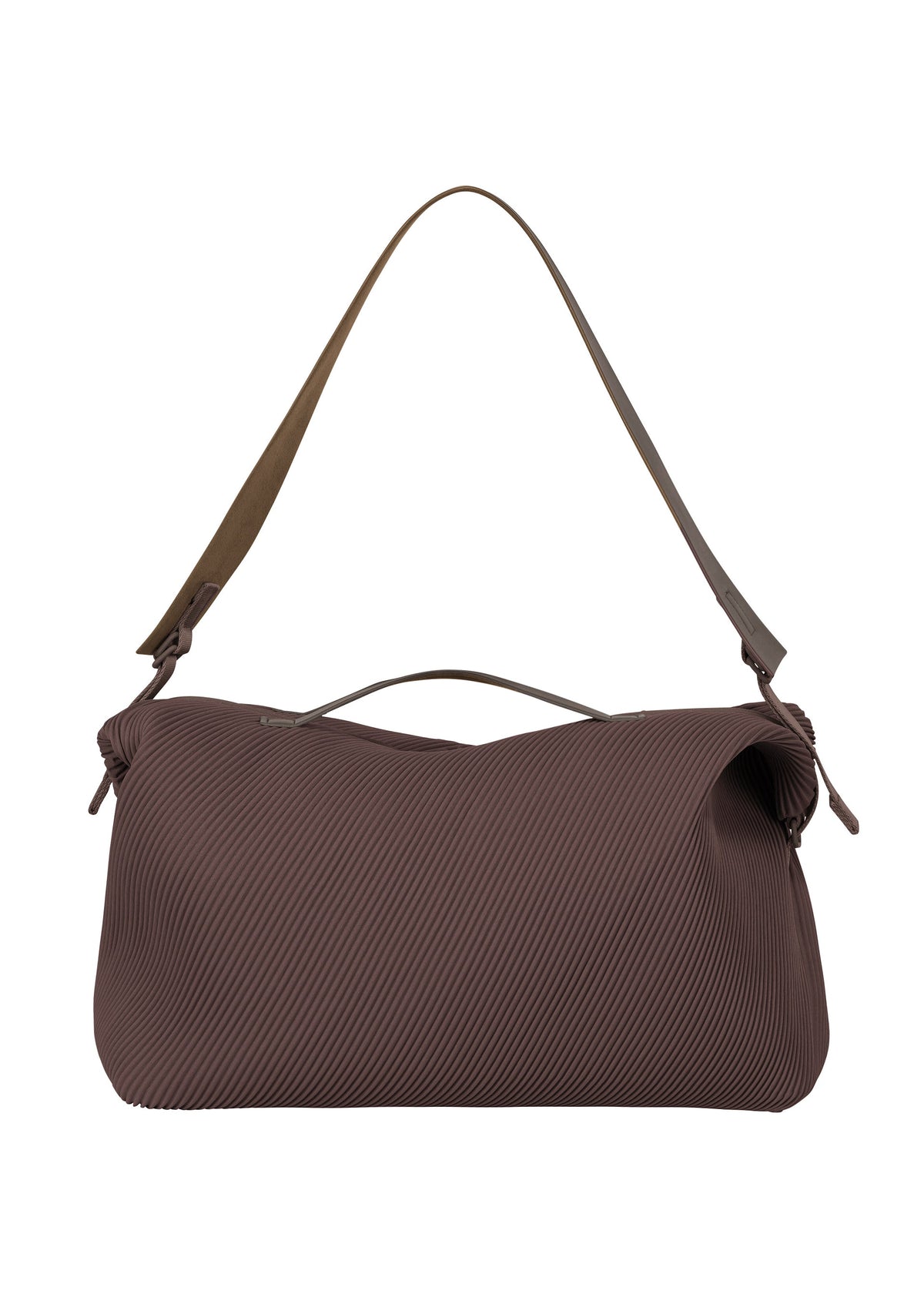 The HOMME PLISSÉ ISSEY MIYAKE PLEATS TRAVEL BAG is a brown, large-capacity bag with pleated, diagonal-lined fabric, featuring a wide shoulder strap, top handle, and minimalist modern design—shown against a white background. view 1 of 6