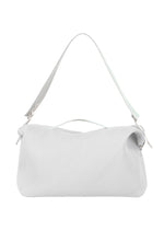 The PLEATS TRAVEL BAG by HOMME PLISSÉ ISSEY MIYAKE is a minimalist, light gray bag with textured diagonal stripes, featuring a wide shoulder strap, top handle, and adjustable side buckles. - MANAROLA BLUE GRAY （no.71）