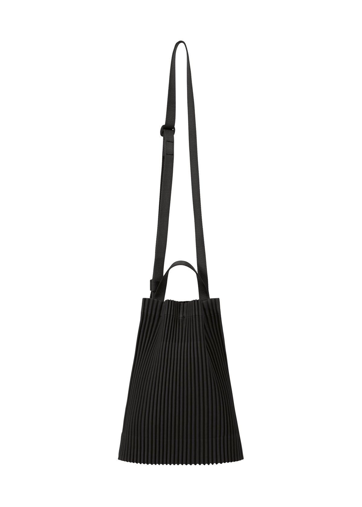 The DRAWSTRING PLEATS BAG by HOMME PLISSÉ ISSEY MIYAKE is a black pleated shoulder bag with light material, adjustable strap, small handle, shown against a white background. view 1 of 8