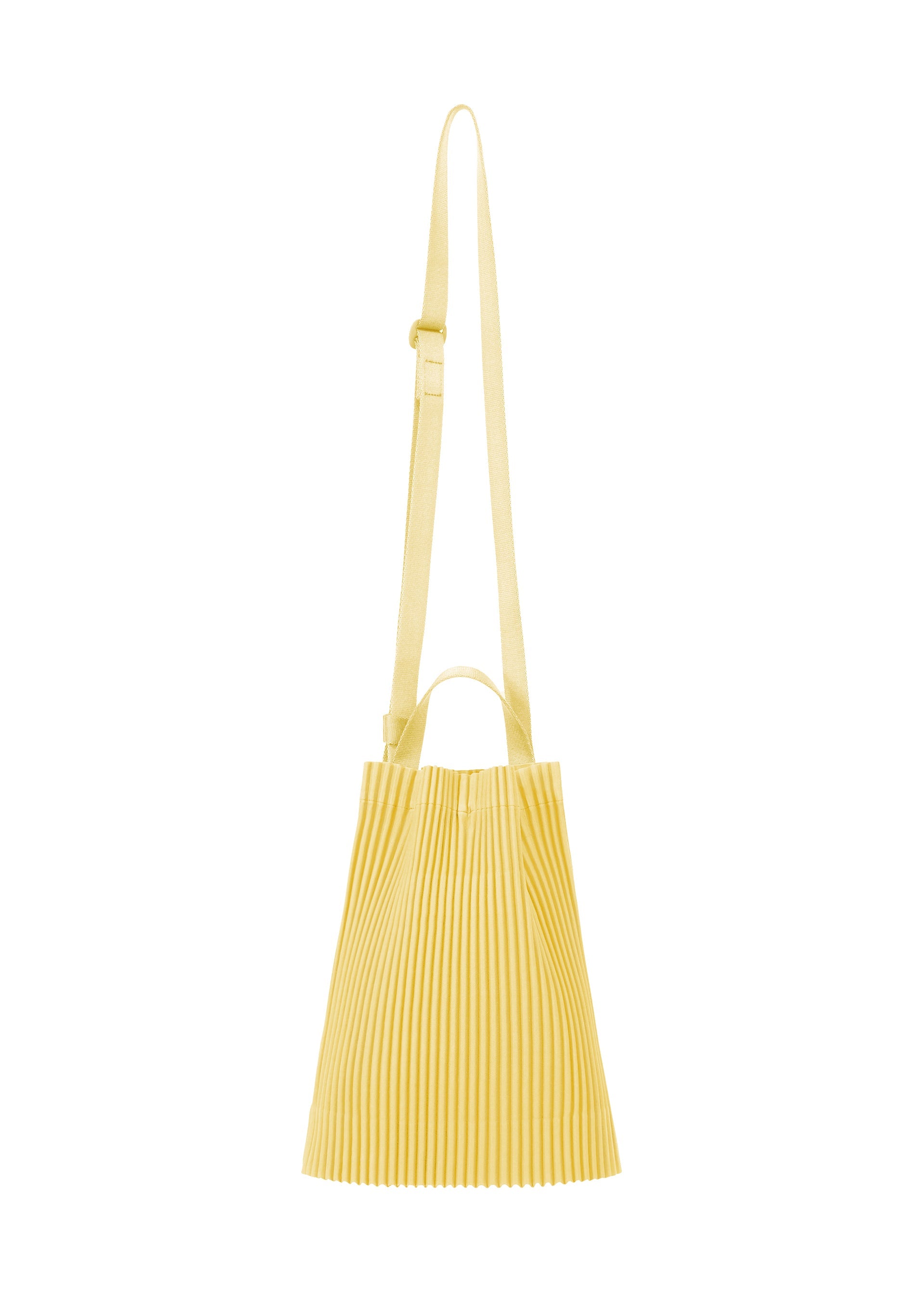 Zoomed view The DRAWSTRING PLEATS BAG by HOMME PLISSÉ ISSEY MIYAKE is a yellow pleated shoulder bag with adjustable strap, small handles, and light material, featuring a stylish drawcord, shown on a white background. - AGAVE YELLOW （no.54）