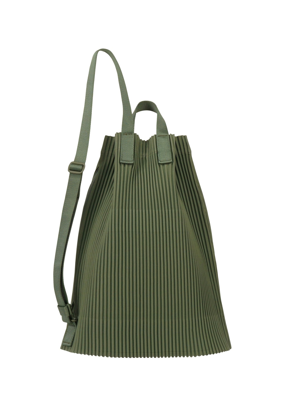 The DRAWSTRING PLEATS BAG by HOMME PLISSÉ ISSEY MIYAKE is a green fabric backpack with vertical pleats, an adjustable shoulder strap, two top handles, and a drawstring opening for versatile carrying options. view 3 of 7