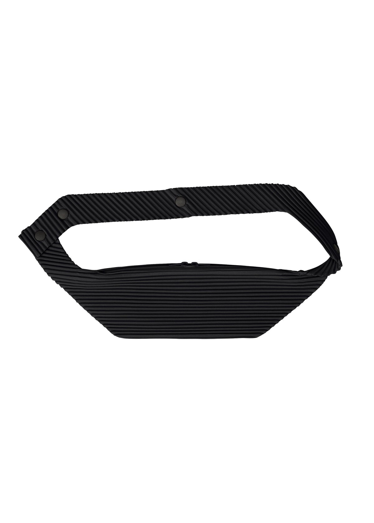 The VERSATILE CROSSBODY by HOMME PLISSÉ ISSEY MIYAKE is a black, textured, pleated waist bag with a geometric shape and snap button closures on the strap, displayed against a white background. view 1 of 8