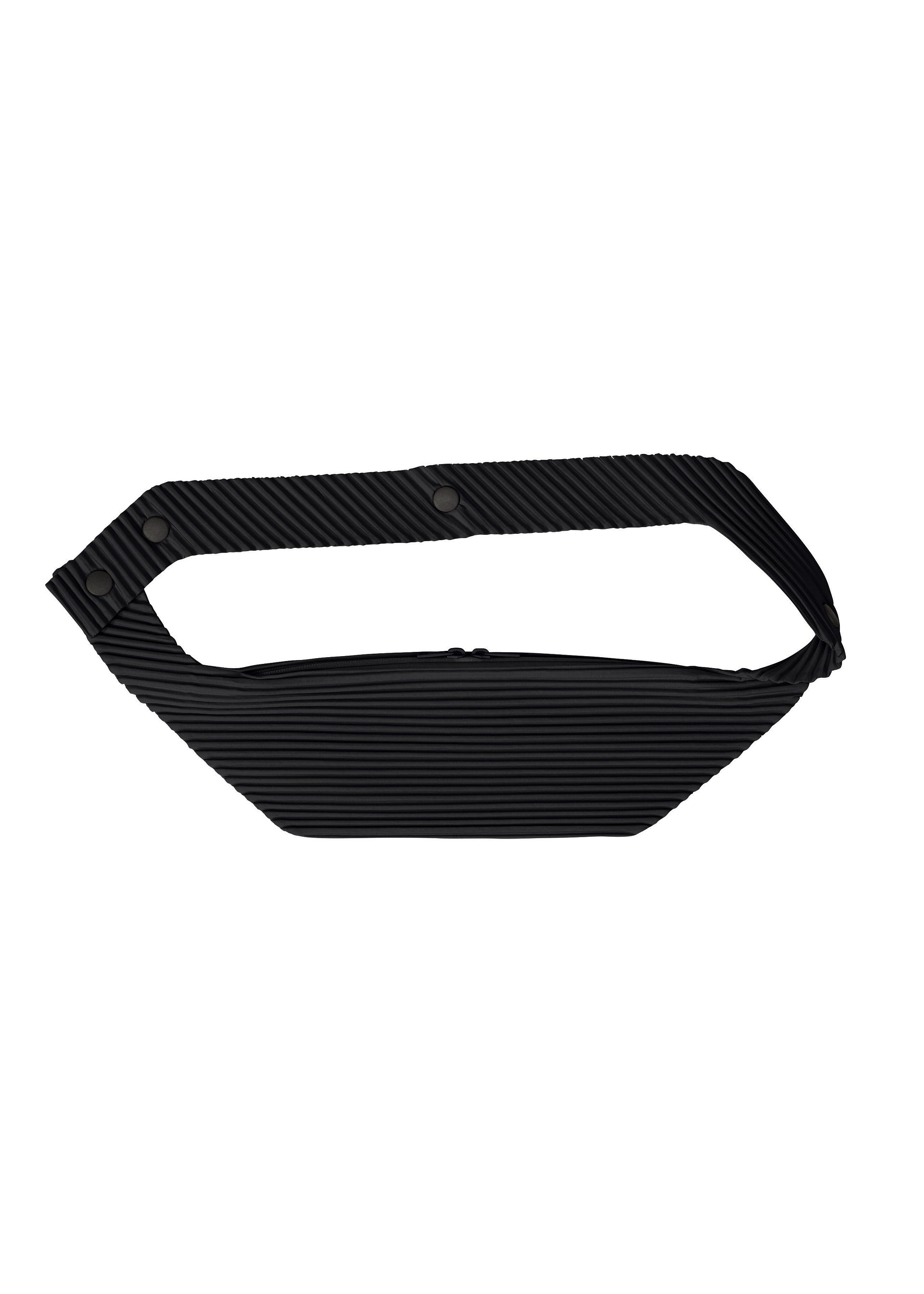 Zoomed view The VERSATILE CROSSBODY by HOMME PLISSÉ ISSEY MIYAKE is a black, textured, pleated waist bag with a geometric shape and snap button closures on the strap, displayed against a white background. - BLACK （no.15）