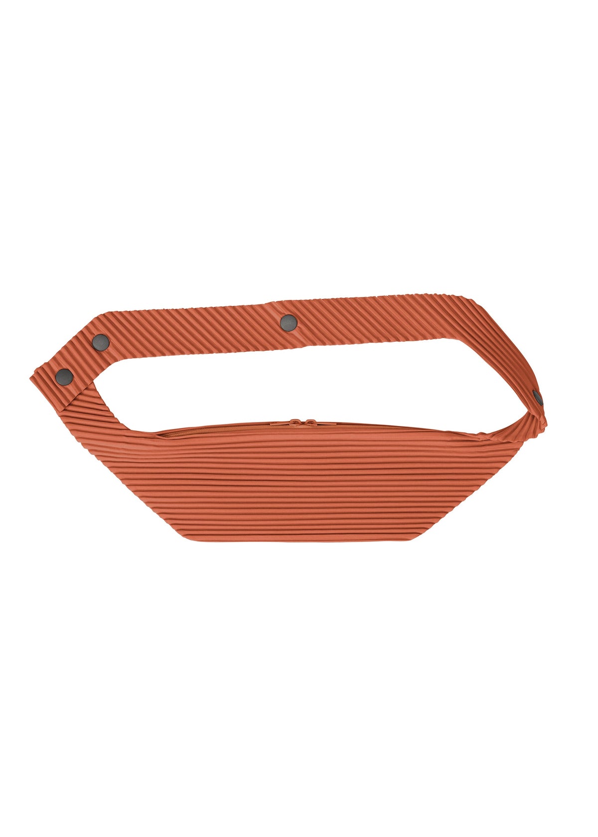 The VERSATILE CROSSBODY by HOMME PLISSÉ ISSEY MIYAKE is a rust-toned, ribbed bag with an angular handle and three metal snap buttons, styled chicly as a shoulder bag against a plain white background. view 2 of 8