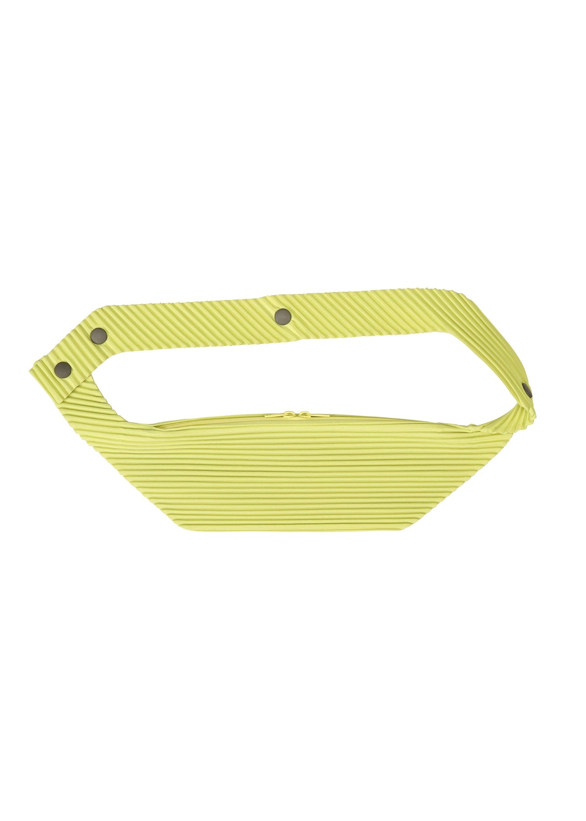 The VERSATILE CROSSBODY by HOMME PLISSÉ ISSEY MIYAKE is a yellow, ribbed-texture bag with a wide strap and three metallic snap buttons, shown on a white background. view 3 of 8