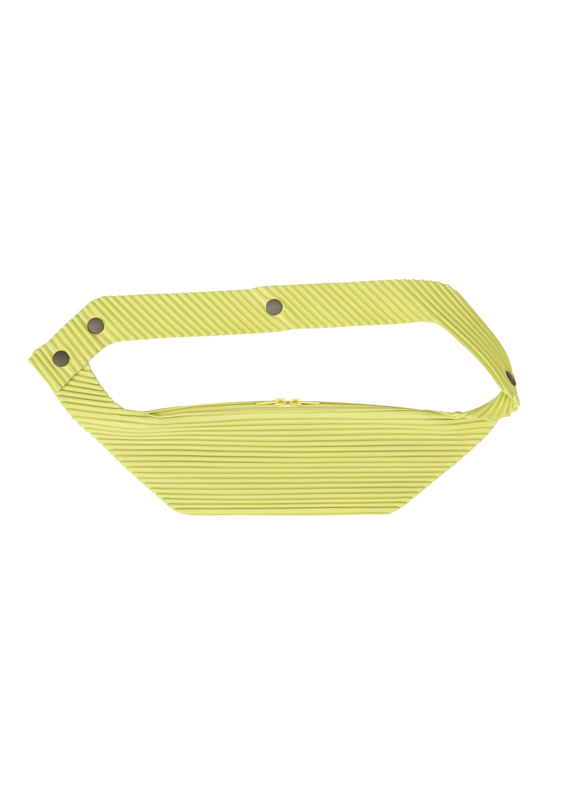 Zoomed view The VERSATILE CROSSBODY by HOMME PLISSÉ ISSEY MIYAKE is a yellow, ribbed-texture bag with a wide strap and three metallic snap buttons, shown on a white background. - ZUCCHINI YELLOW （no.53）