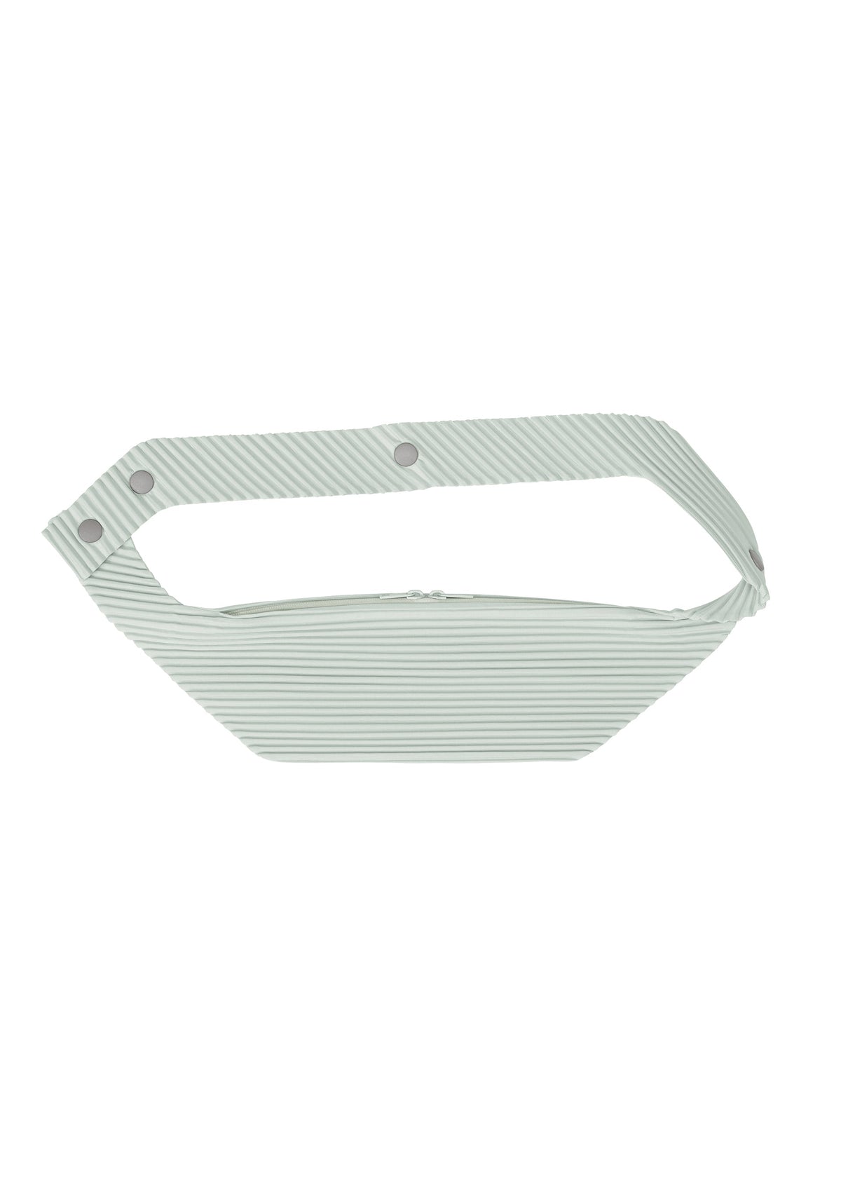 The VERSATILE CROSSBODY by HOMME PLISSÉ ISSEY MIYAKE is a light gray and white striped fabric waist bag with a wide strap and three metallic snap buttons, shown on a white background—ideal for daily outings. view 4 of 8