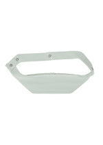 The VERSATILE CROSSBODY by HOMME PLISSÉ ISSEY MIYAKE is a light gray and white striped fabric waist bag with a wide strap and three metallic snap buttons, shown on a white background—ideal for daily outings. - BOBOLI MOSS ASH （no.70）