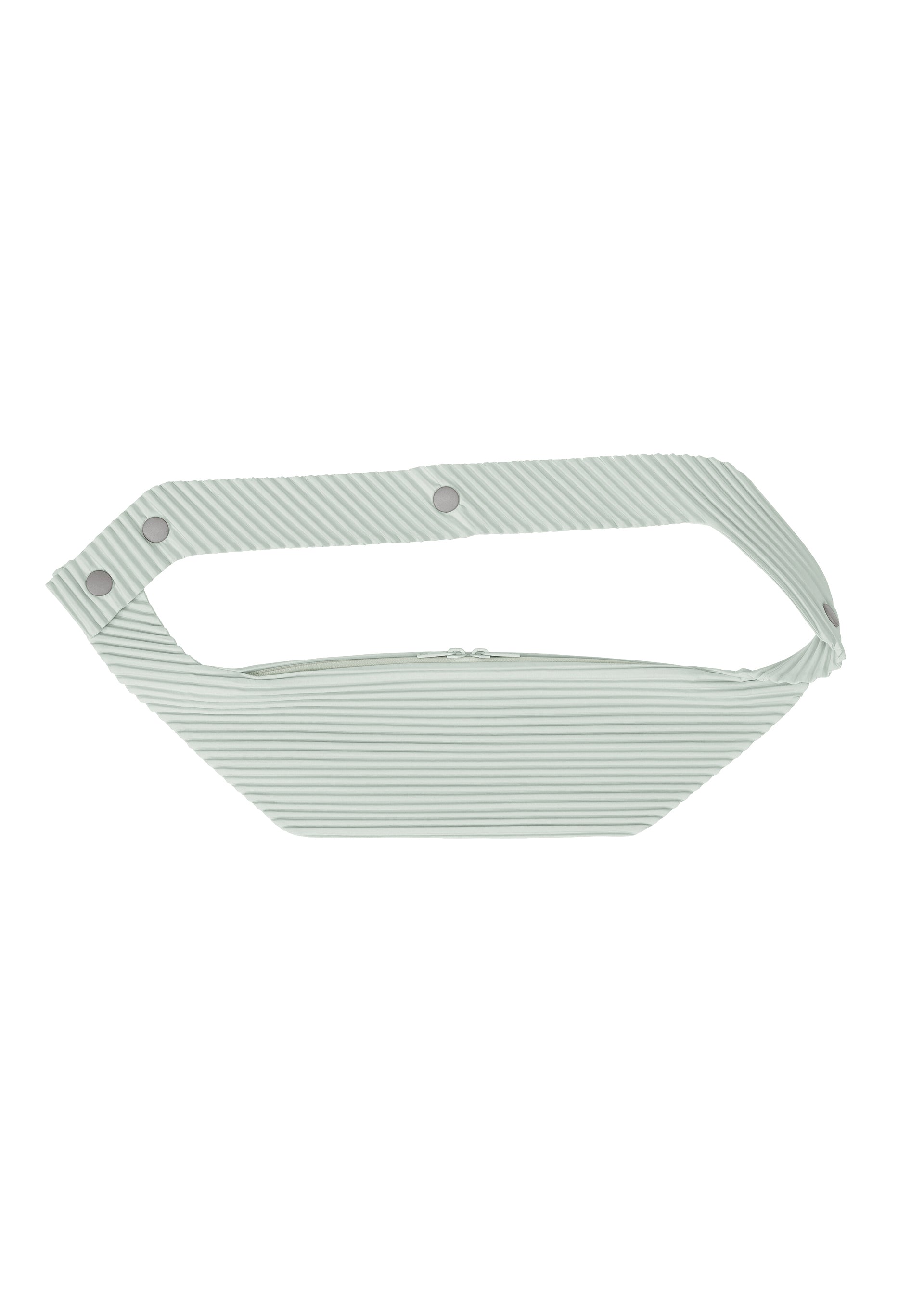 Zoomed view The VERSATILE CROSSBODY by HOMME PLISSÉ ISSEY MIYAKE is a light gray and white striped fabric waist bag with a wide strap and three metallic snap buttons, shown on a white background—ideal for daily outings. - BOBOLI MOSS ASH （no.70）
