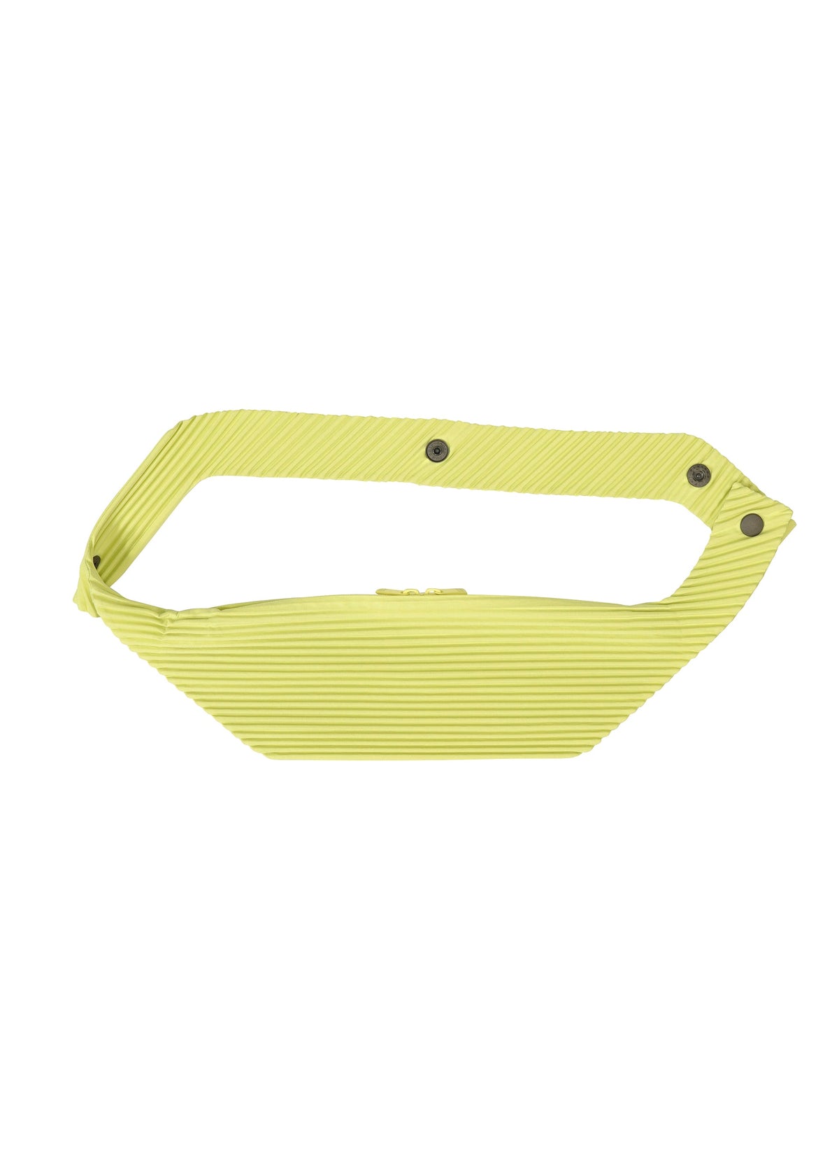 The VERSATILE CROSSBODY by HOMME PLISSÉ ISSEY MIYAKE is a light yellow, pleated, rectangular shoulder bag with a wide handle and snap buttons, shown against a white background. view 5 of 8