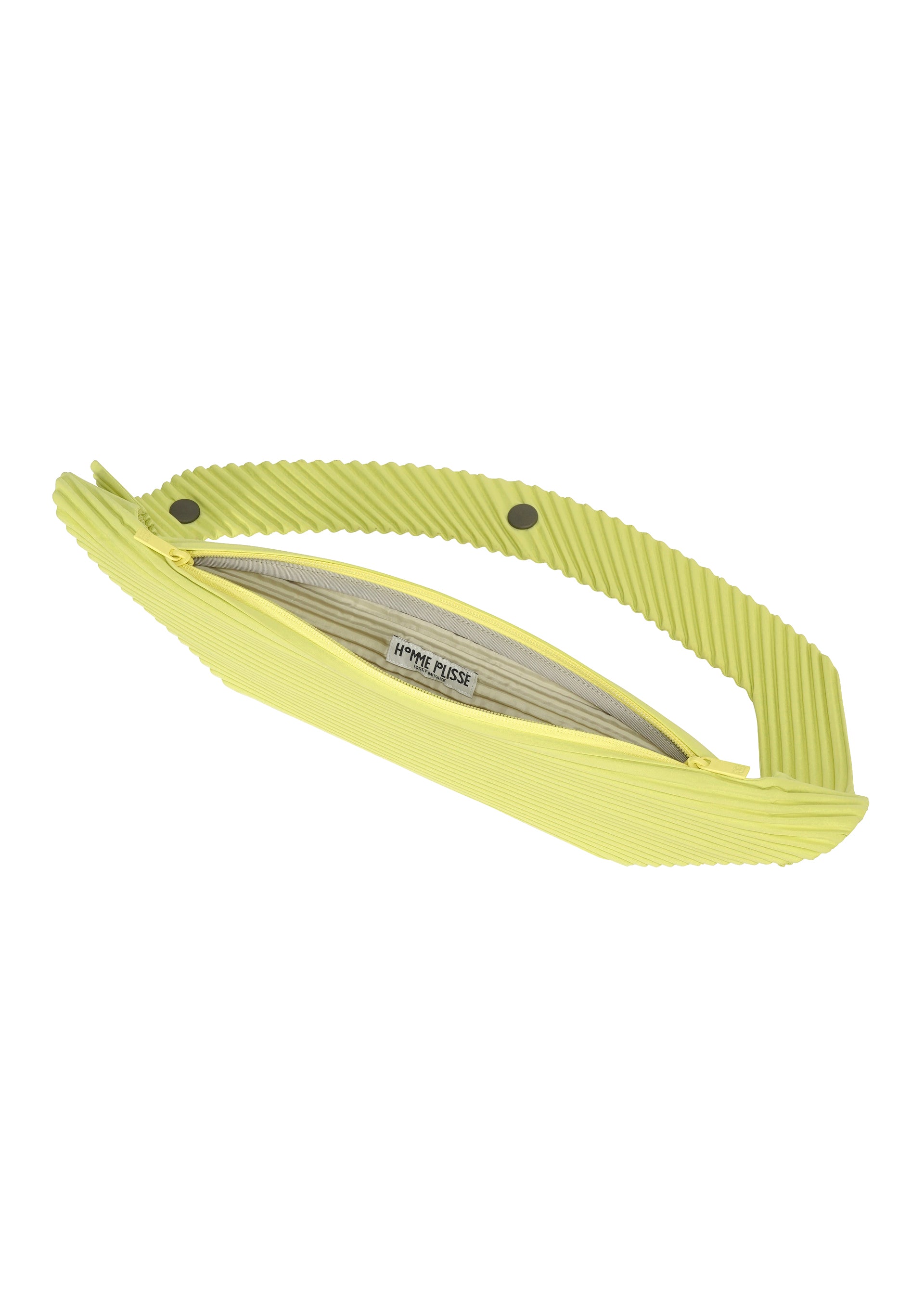 Zoomed view A lime green, ribbed VERSATILE CROSSBODY by HOMME PLISSÉ ISSEY MIYAKE with a matching handle and zipper, shown on a white background. The bag is partly unzipped to reveal an inner label.