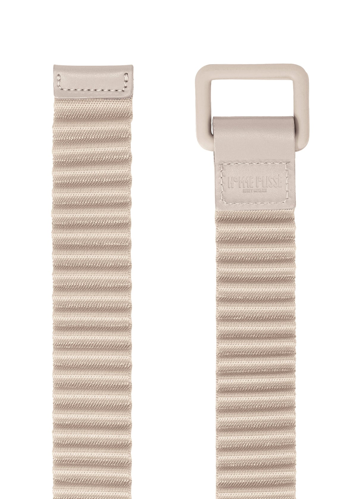 Two beige PLEATS BELT straps from HOMME PLISSÉ ISSEY MIYAKE are shown vertically: one has a ribbed texture with a rectangular buckle and stitched end, while the other features only a stitched end with no hardware. view 5 of 5