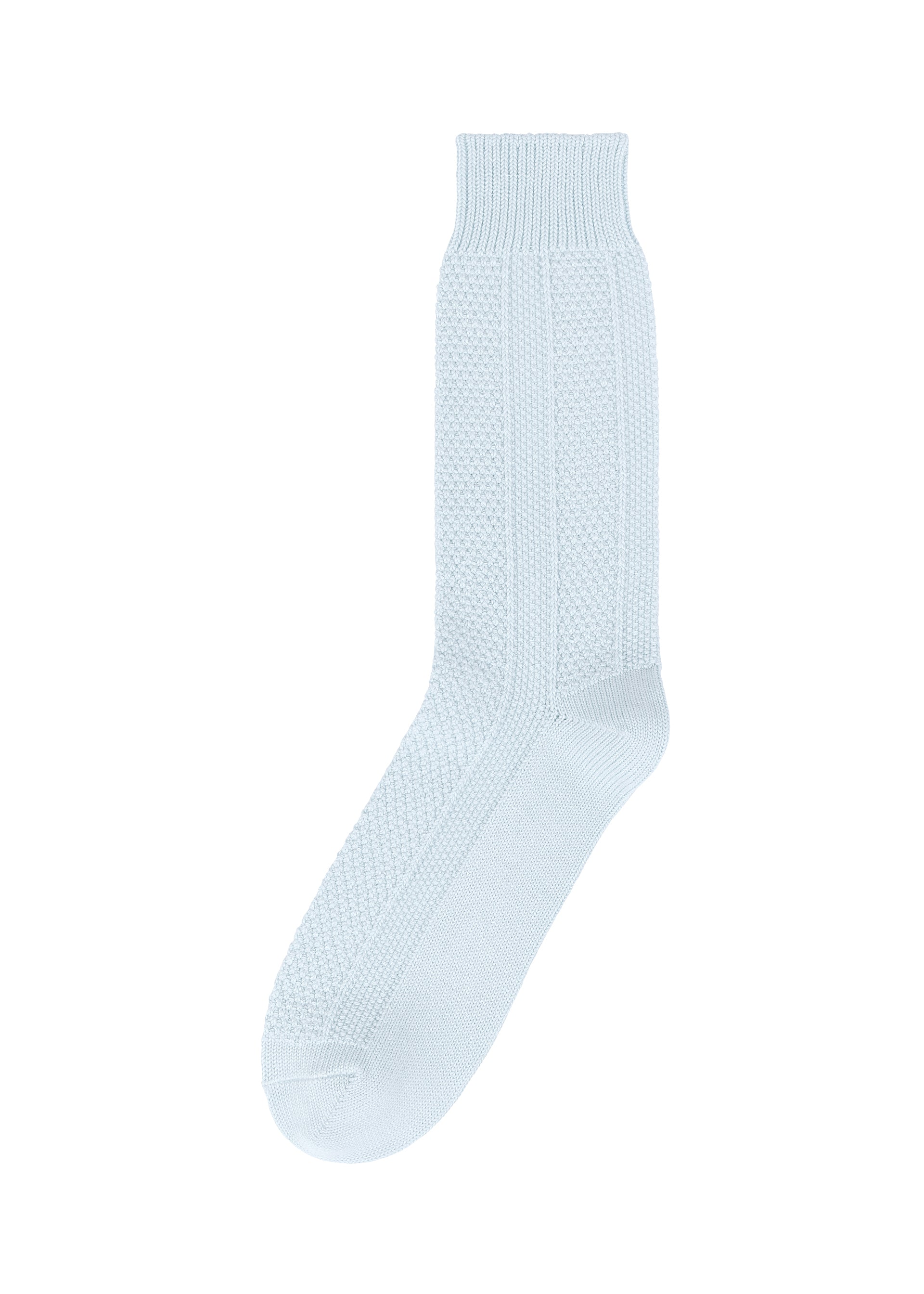 Zoomed view STEM SOCKS by HOMME PLISSÉ ISSEY MIYAKE feature light blue knit construction with a ribbed cuff, patterned knit along the leg and foot, and smooth toe and heel, shown on a white background. - AQUA （no.77）