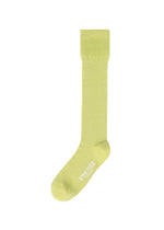 A single light green WASHI BLEND SOCK by HOMME PLISSÉ ISSEY MIYAKE, perfect for layering, knee-high with "APPEAL LUXE" in white on the sole, shown on a white background. - GREEN （no.62）