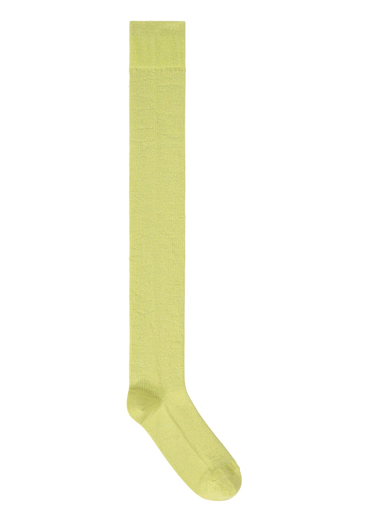 A single, light yellow WASHI BLEND SOCK from HOMME PLISSÉ ISSEY MIYAKE, inspired by Japanese Washi paper and knee-high in length, is displayed on a plain white background. view 5 of 7