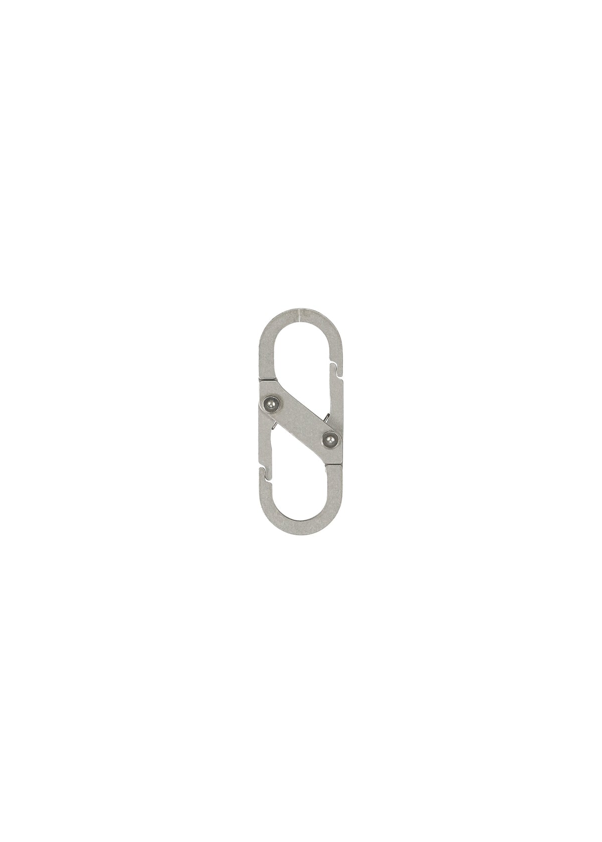 The HOMME PLISSÉ ISSEY MIYAKE CARABINER is a small, silver, metal keychain clip with a double-gated oval design and two spring-loaded clasps—perfect as a belt loop accessory. Shown on a plain white background. view 4 of 5