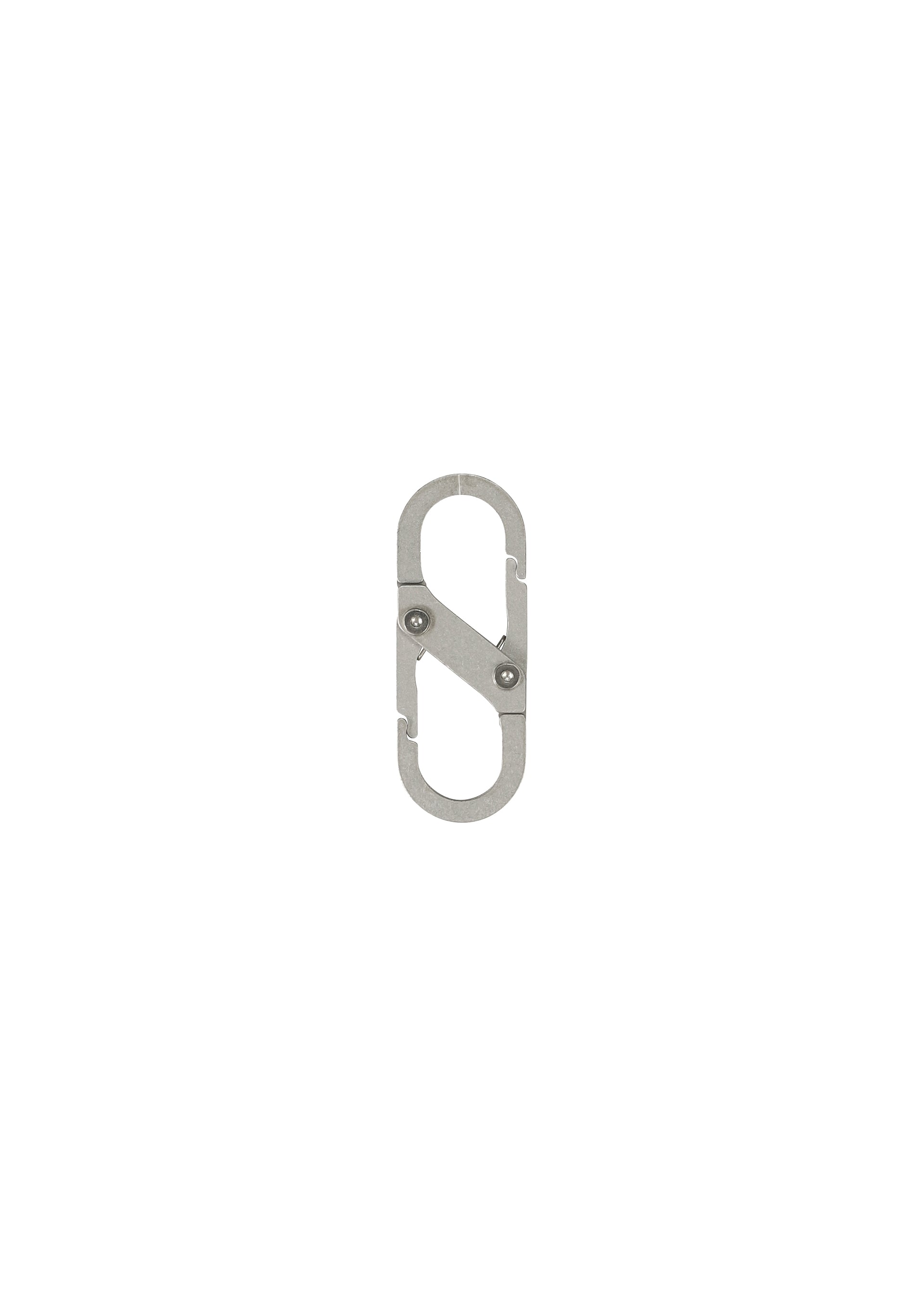 Zoomed view The HOMME PLISSÉ ISSEY MIYAKE CARABINER is a small, silver, metal keychain clip with a double-gated oval design and two spring-loaded clasps—perfect as a belt loop accessory. Shown on a plain white background.