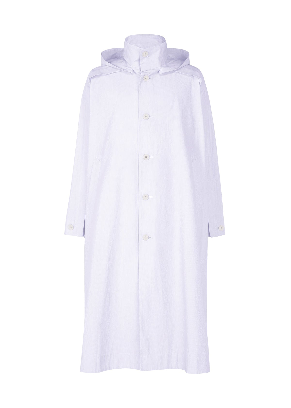 FRESHEN by HOMME PLISSÉ ISSEY MIYAKE: long, light lavender hooded coat with a high collar, long sleeves, and subtle wrinkled texture. Shown against a plain white background. view 1 of 9