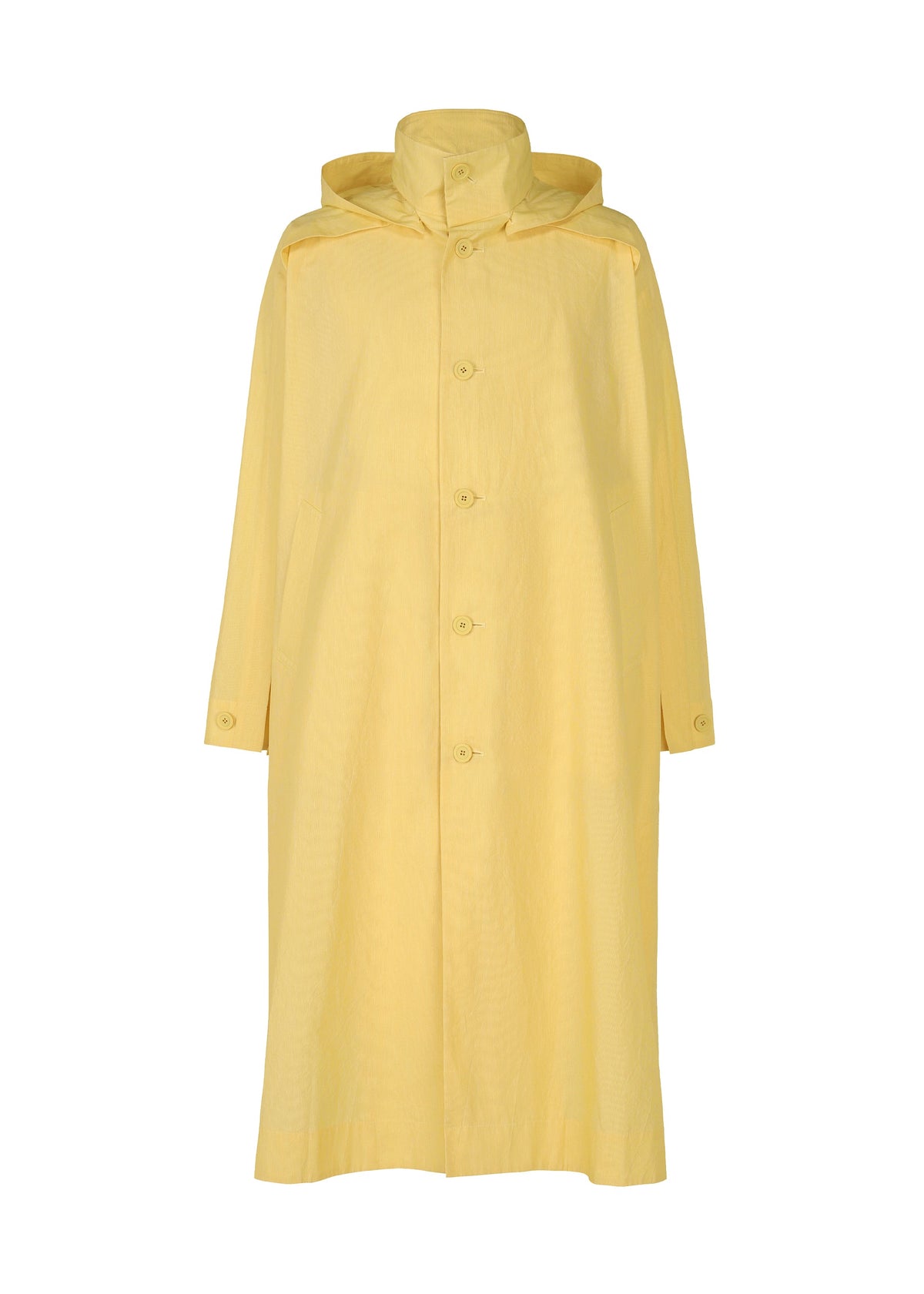 The FRESHEN coat by HOMME PLISSÉ ISSEY MIYAKE is a long yellow hooded coat with button-down front, long sleeves, high collar, and a subtle wrinkled wash texture, shown against a plain white background. view 3 of 9