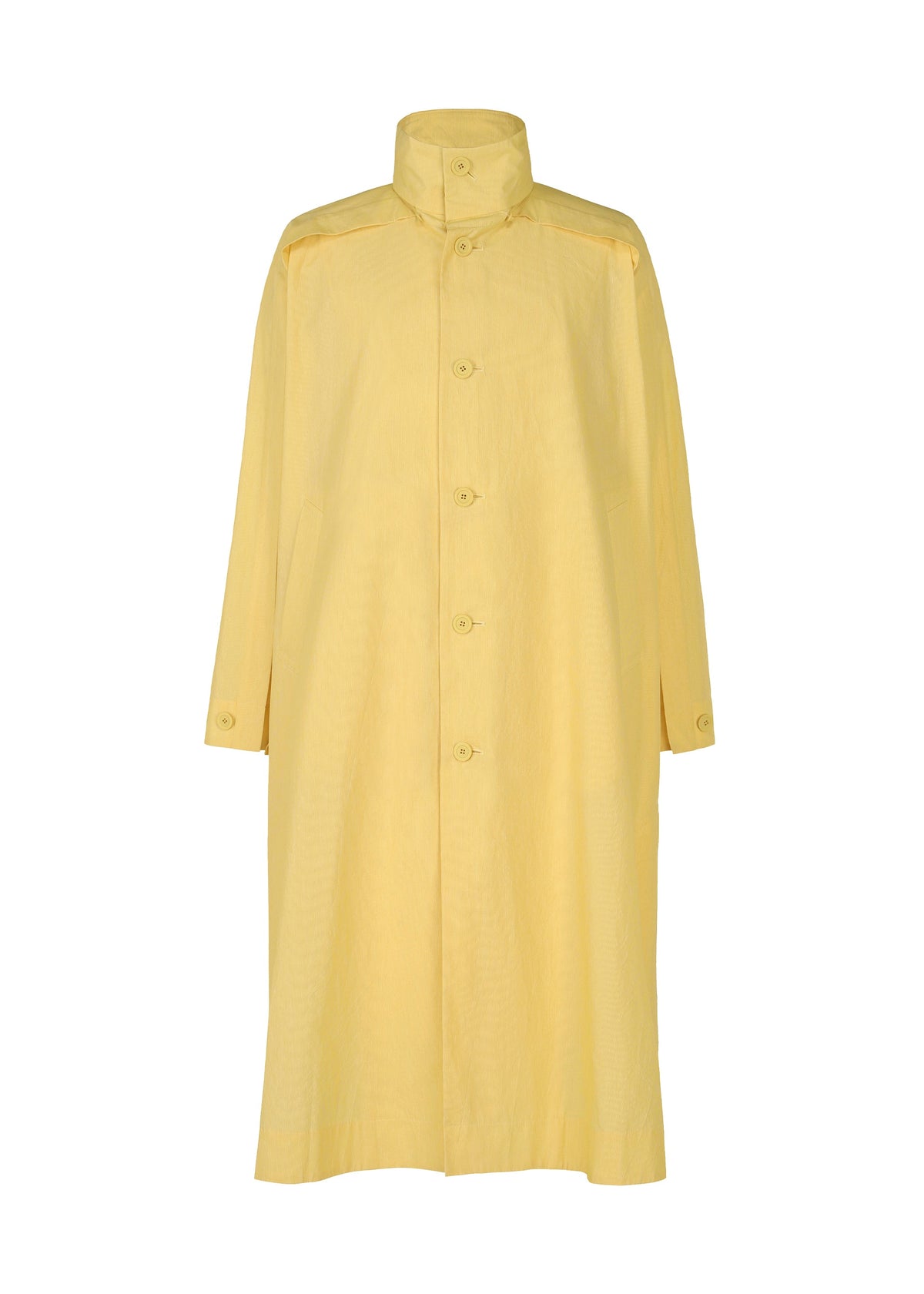 The FRESHEN coat by HOMME PLISSÉ ISSEY MIYAKE is a long, light yellow design with a high collar, front button closures, and wide sleeves. Its subtly wrinkled fabric adds dimension while keeping a smooth, slightly shiny finish. view 6 of 9
