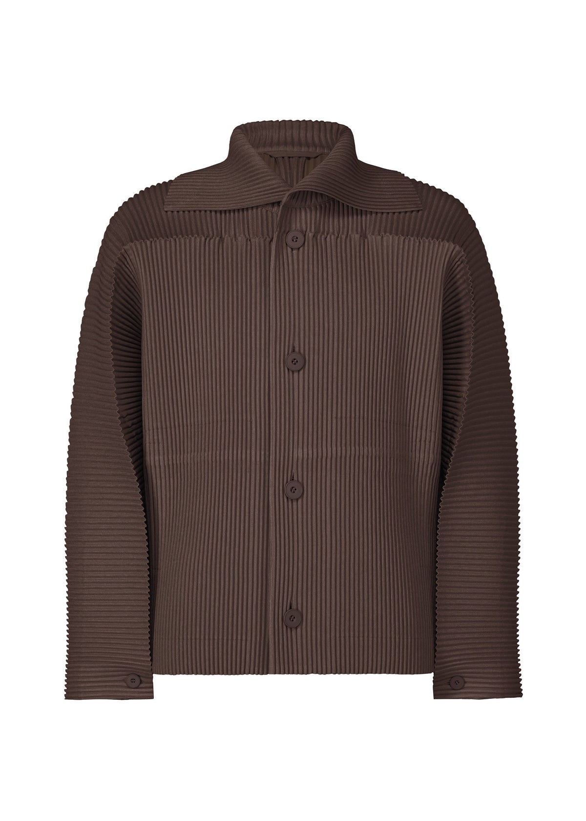 The HOMME PLISSÉ ISSEY MIYAKE LINEN LIKE jacket is brown with long sleeves, a button-up front, collar, and features a ribbed pleated texture with vertical ridges throughout for a cool sheen. view 2 of 8