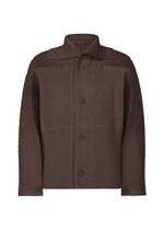 The HOMME PLISSÉ ISSEY MIYAKE LINEN LIKE jacket is brown with long sleeves, a button-up front, collar, and features a ribbed pleated texture with vertical ridges throughout for a cool sheen. - BROWN （no.44）