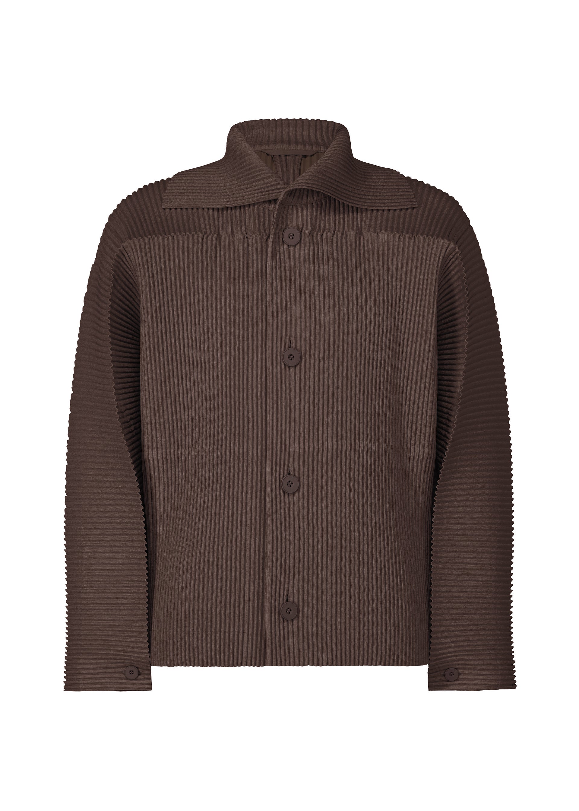 Zoomed view The HOMME PLISSÉ ISSEY MIYAKE LINEN LIKE jacket is brown with long sleeves, a button-up front, collar, and features a ribbed pleated texture with vertical ridges throughout for a cool sheen. - BROWN （no.44）