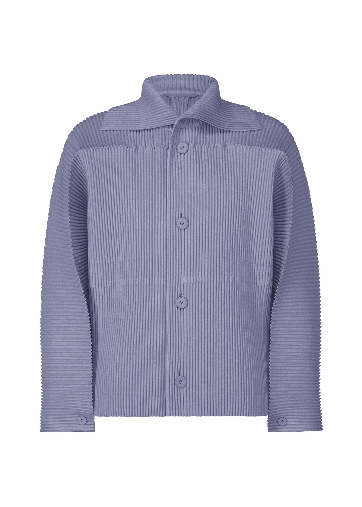 The LINEN LIKE jacket by HOMME PLISSÉ ISSEY MIYAKE features a light purple hue, long sleeves, vertical ribbed texture, button-down front, pointed collar, and buttoned cuffs. view 3 of 8