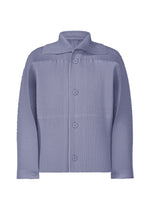 The LINEN LIKE jacket by HOMME PLISSÉ ISSEY MIYAKE features a light purple hue, long sleeves, vertical ribbed texture, button-down front, pointed collar, and buttoned cuffs. - BLUE （no.72）