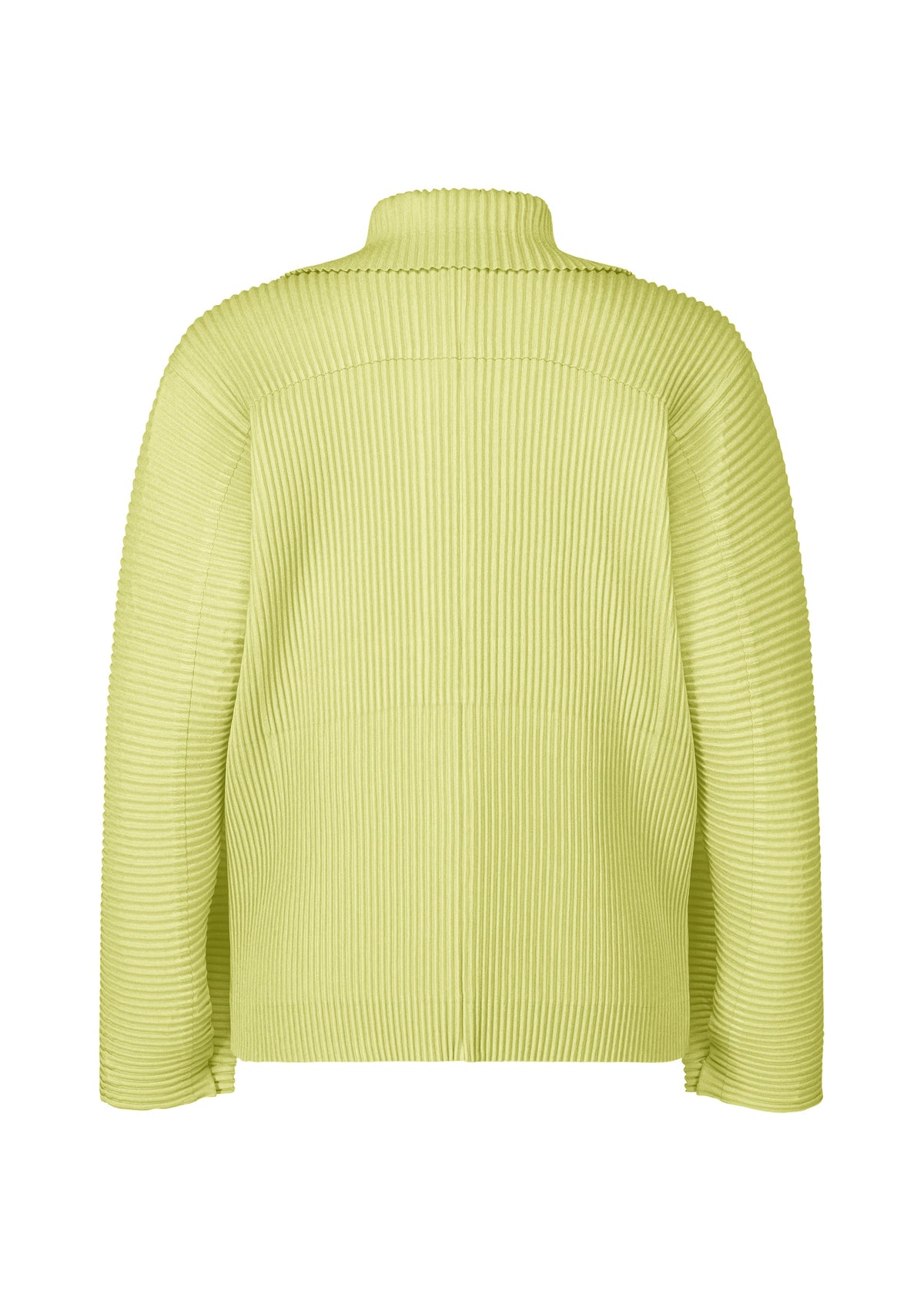 LINEN LIKE by HOMME PLISSÉ ISSEY MIYAKE: A light green jacket with a linen-like, ribbed texture and subtle sheen, shown from the back. Features include a high collar, long sleeves, and a straight, relaxed fit for a modern look. view 4 of 8