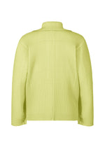 LINEN LIKE by HOMME PLISSÉ ISSEY MIYAKE: A light green jacket with a linen-like, ribbed texture and subtle sheen, shown from the back. Features include a high collar, long sleeves, and a straight, relaxed fit for a modern look.