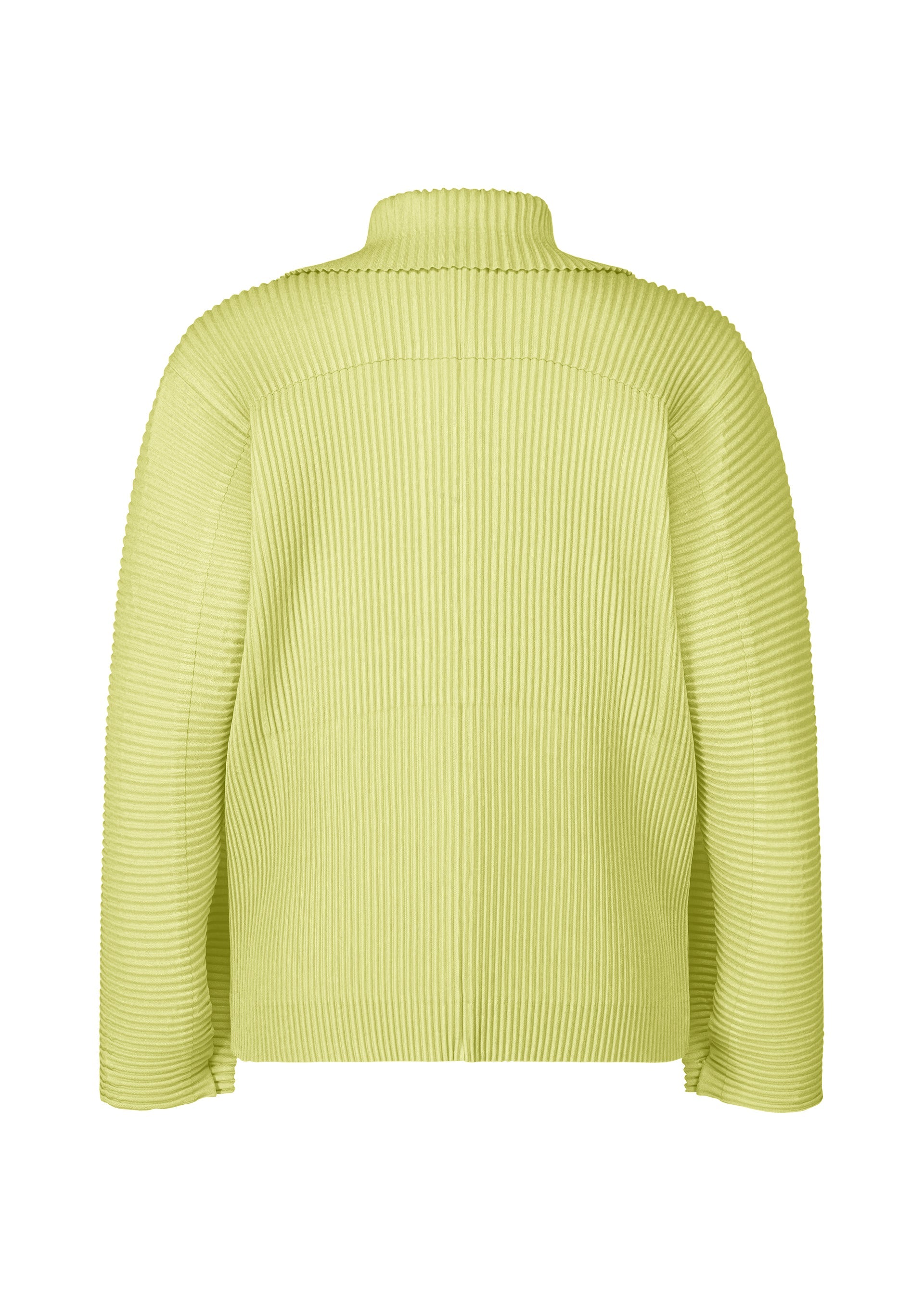 Zoomed view LINEN LIKE by HOMME PLISSÉ ISSEY MIYAKE: A light green jacket with a linen-like, ribbed texture and subtle sheen, shown from the back. Features include a high collar, long sleeves, and a straight, relaxed fit for a modern look.