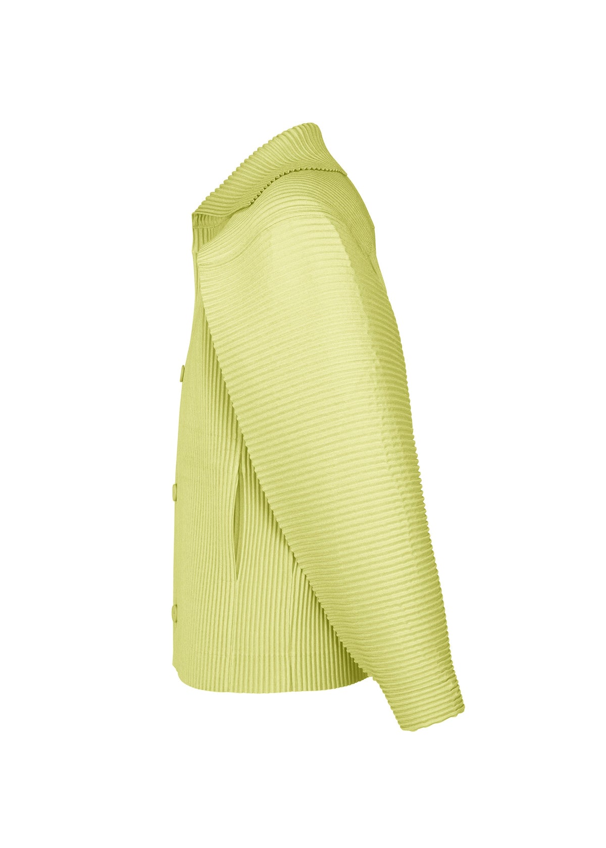 Side view of the LINEN LIKE cardigan by HOMME PLISSÉ ISSEY MIYAKE—a light yellow, ribbed, button-up long-sleeve piece with a textured, structured design for a 3D silhouette, shown against a plain white background. view 5 of 8