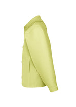 Side view of the LINEN LIKE cardigan by HOMME PLISSÉ ISSEY MIYAKE—a light yellow, ribbed, button-up long-sleeve piece with a textured, structured design for a 3D silhouette, shown against a plain white background.