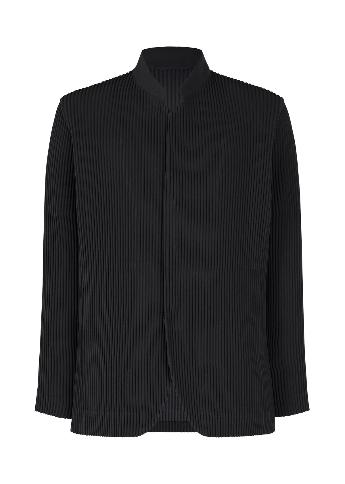 The TUXEDO PLEATS by HOMME PLISSÉ ISSEY MIYAKE is a black, long-sleeved, collarless formal jacket with front opening. Crafted from flowy fabric, its vertical pleats provide a distinctive textured look. view 1 of 8