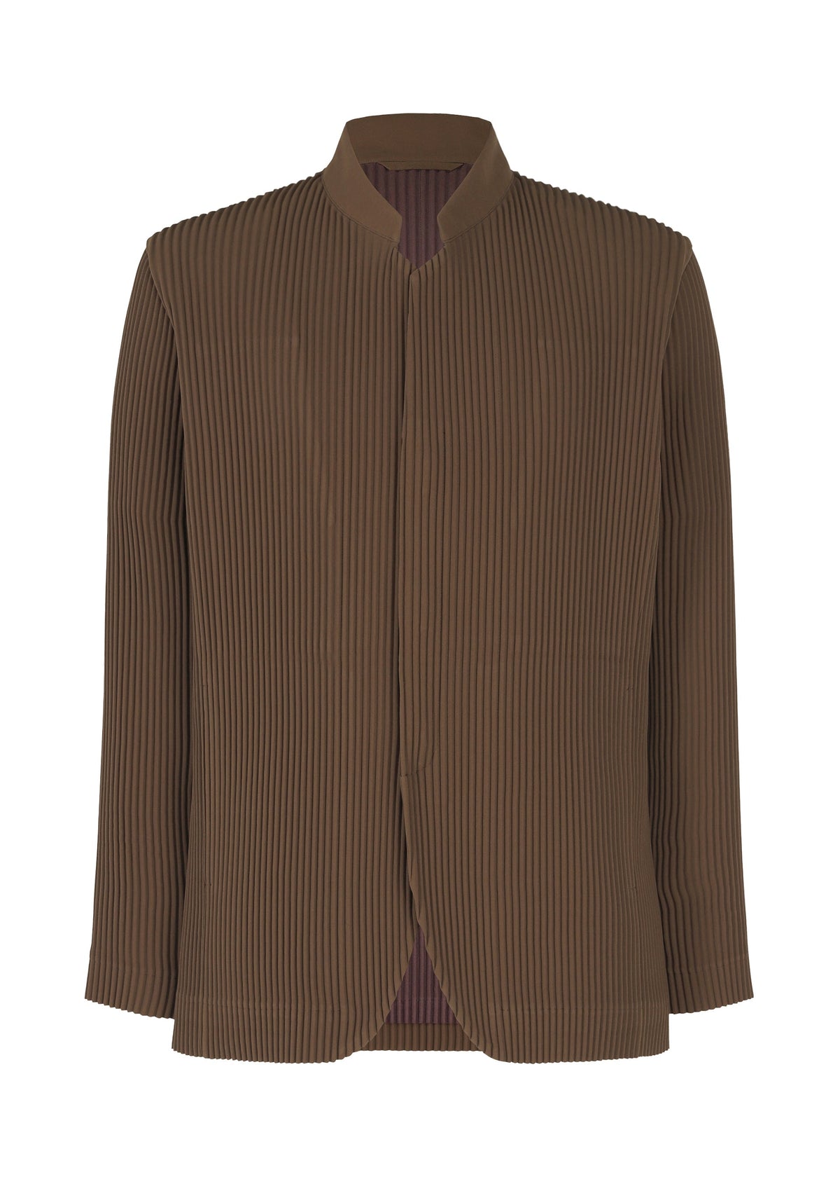 The TUXEDO PLEATS by HOMME PLISSÉ ISSEY MIYAKE is a brown, long-sleeve Mao-collar jacket with vertical pleats, open front, flowy fabric, relaxed fit, and a subtle contrasting inner lining. view 3 of 8