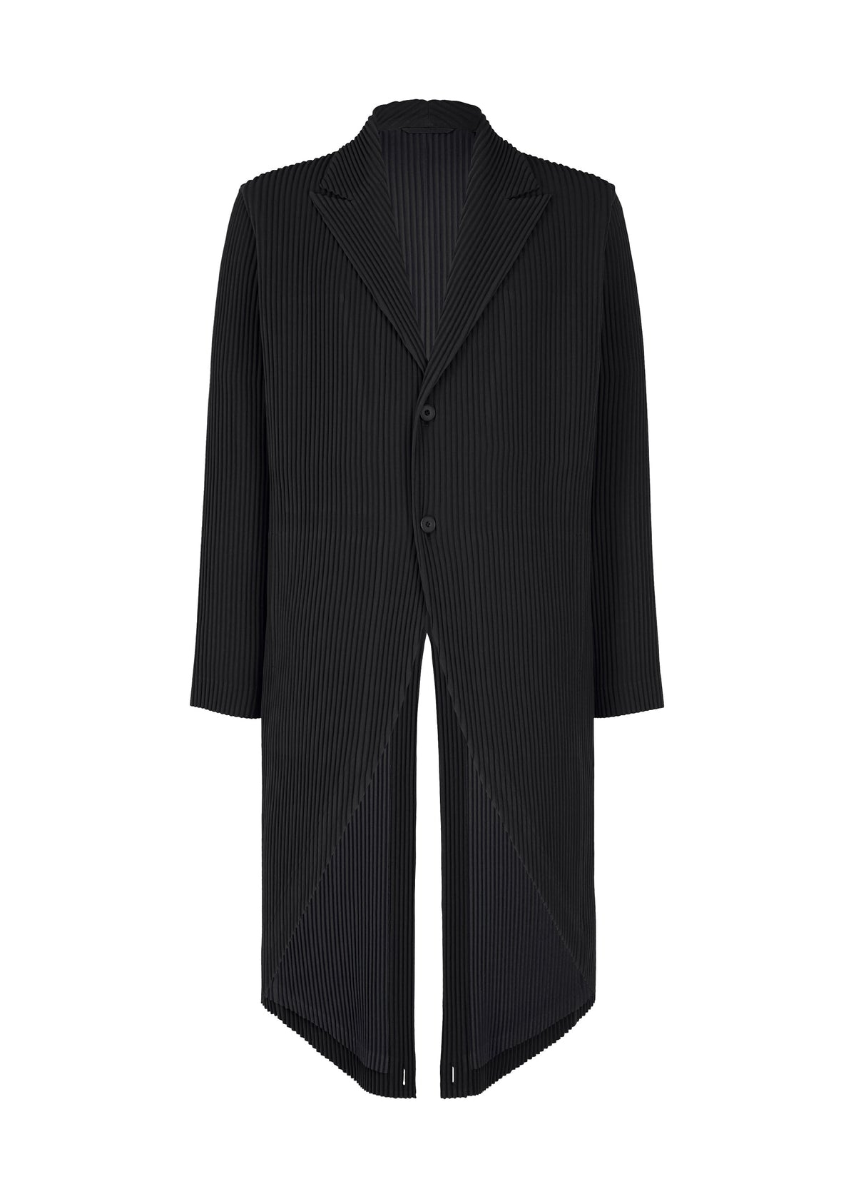 The TUXEDO PLEATS by HOMME PLISSÉ ISSEY MIYAKE is a black pinstripe tailcoat with long sleeves, peaked lapels, two front buttons, and a cutaway hem—a refined jacket ideal for formal occasions and elegant silhouette shifts. view 1 of 10