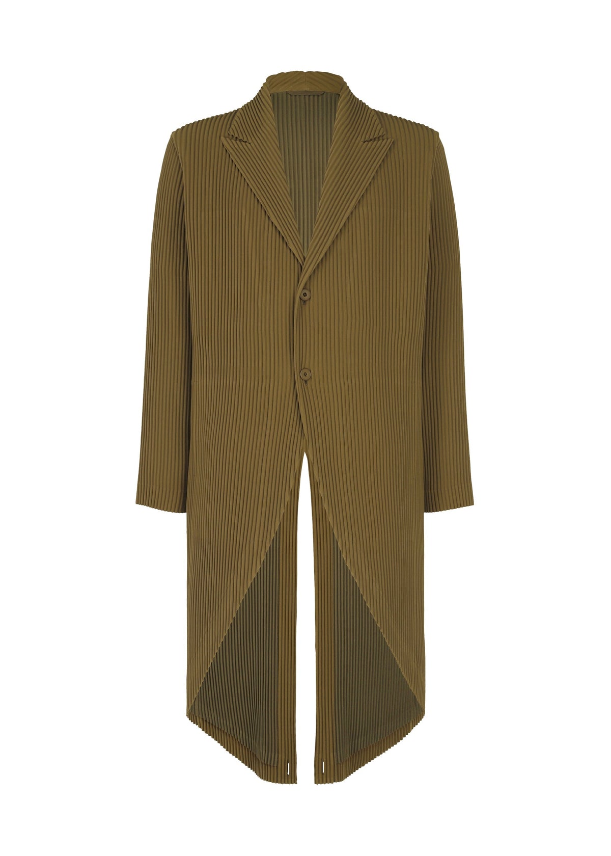 The TUXEDO PLEATS by HOMME PLISSÉ ISSEY MIYAKE is an olive green long jacket with vertical pleats, notch lapels, two buttons, long sleeves, and an asymmetrical hem for a modern formal look. view 4 of 10